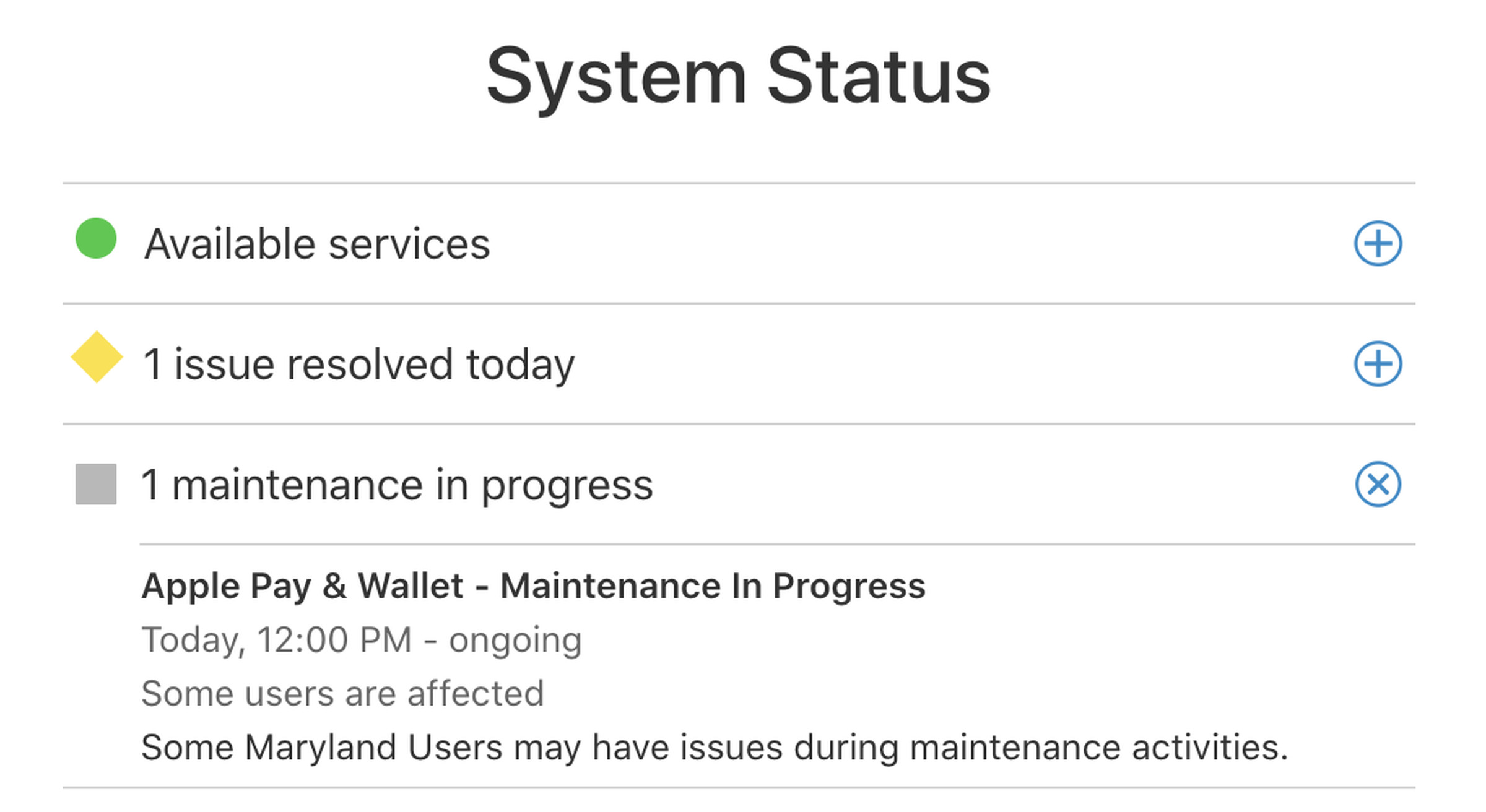 A screenshot of the Apple system status page saying Apple Pay and Wallet have “maintenance in progress” and “some maryland users may have issues.”