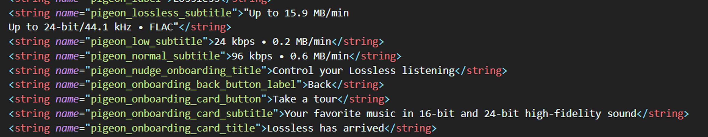 A screenshot of app code text that mentions lossless audio on Spotify.