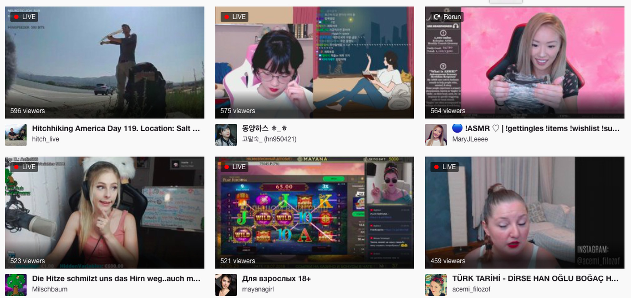 A section of streamers on Twitch’s IRL section.