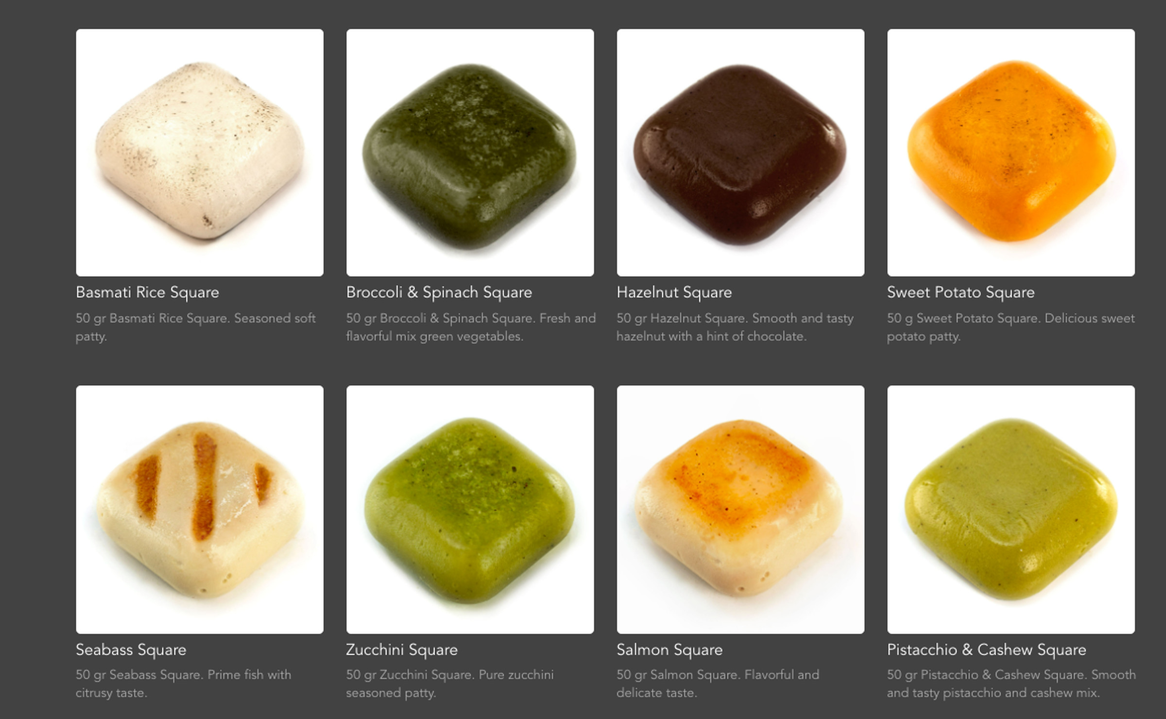 The squares come in a variety of flavors, both sweet and savory, each 50 grams in size. 