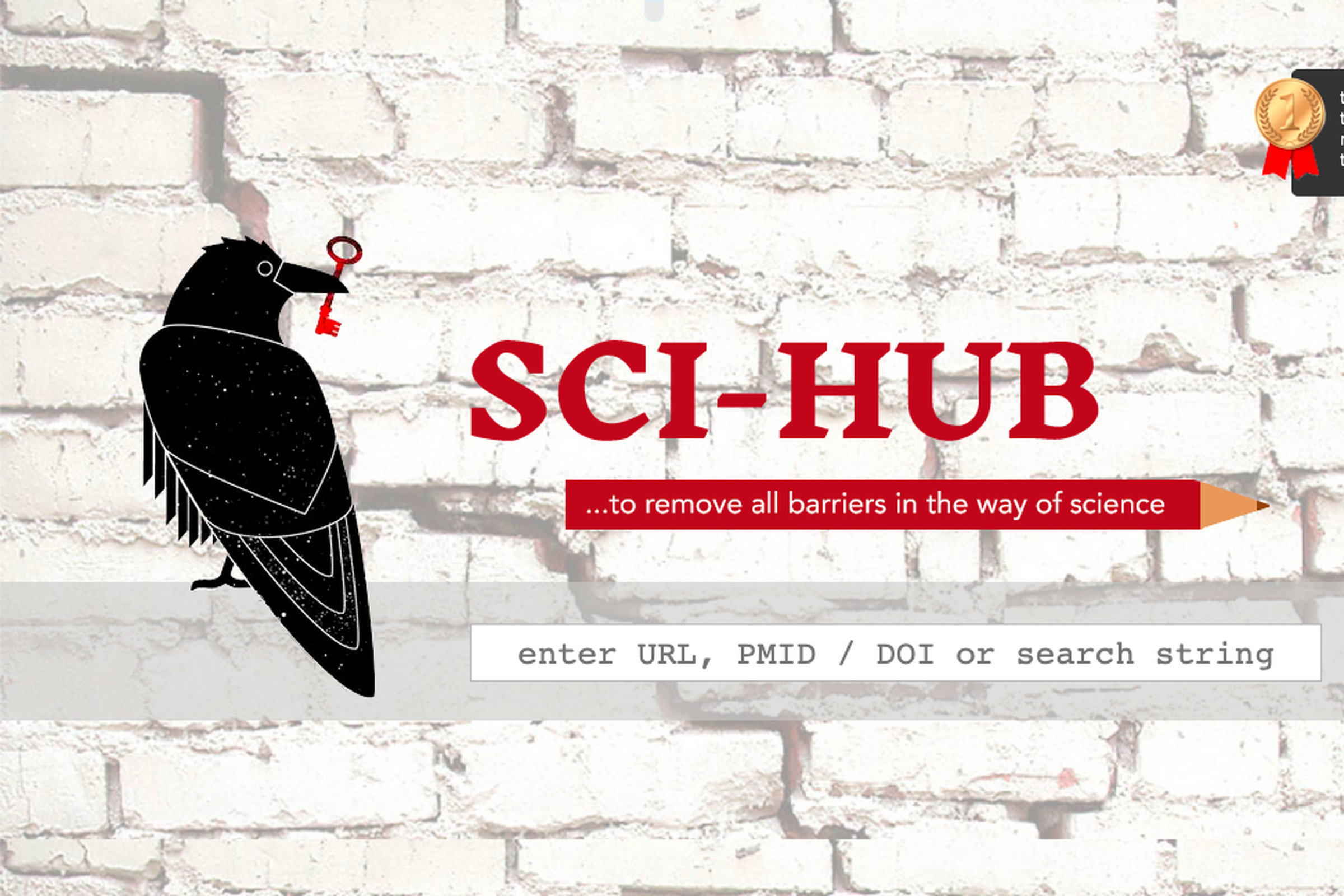 A screenshot of the Sci-Hub site, with its logo of a raven holding a red key, and a search bar for finding articles. 