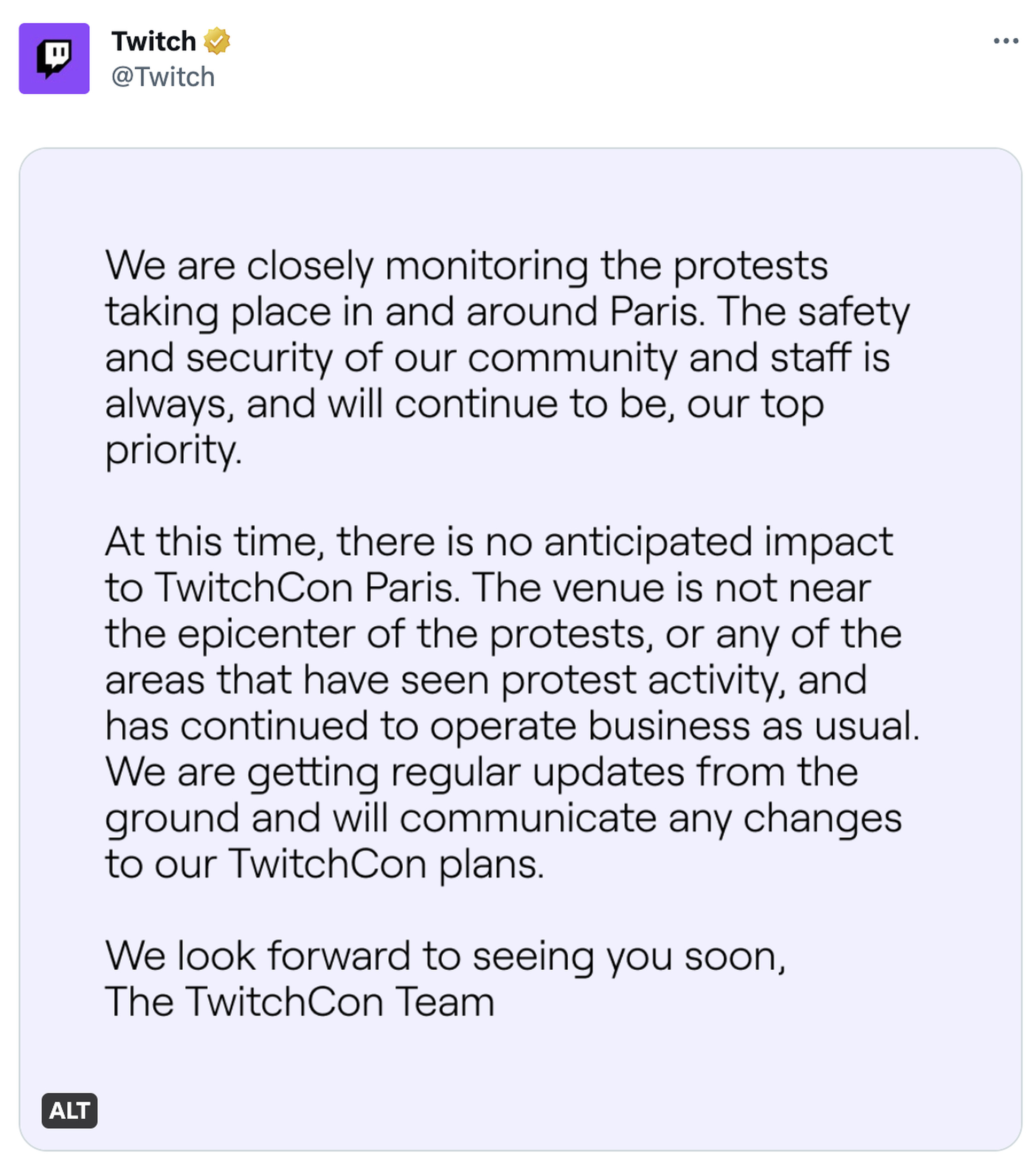 A screenshot of a tweet about TwitchCon Paris shared by the Twitch account.