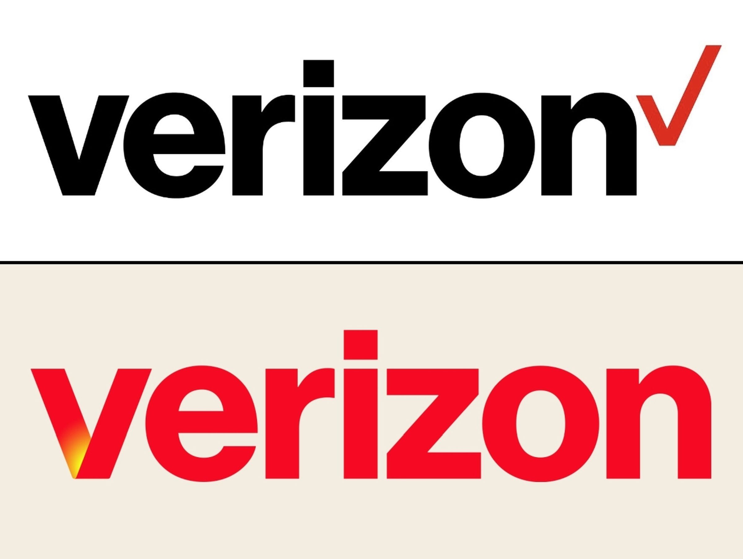 A comparison showing Verizon’s old black logo with a checkmark at the top, and the new red one at the bottom