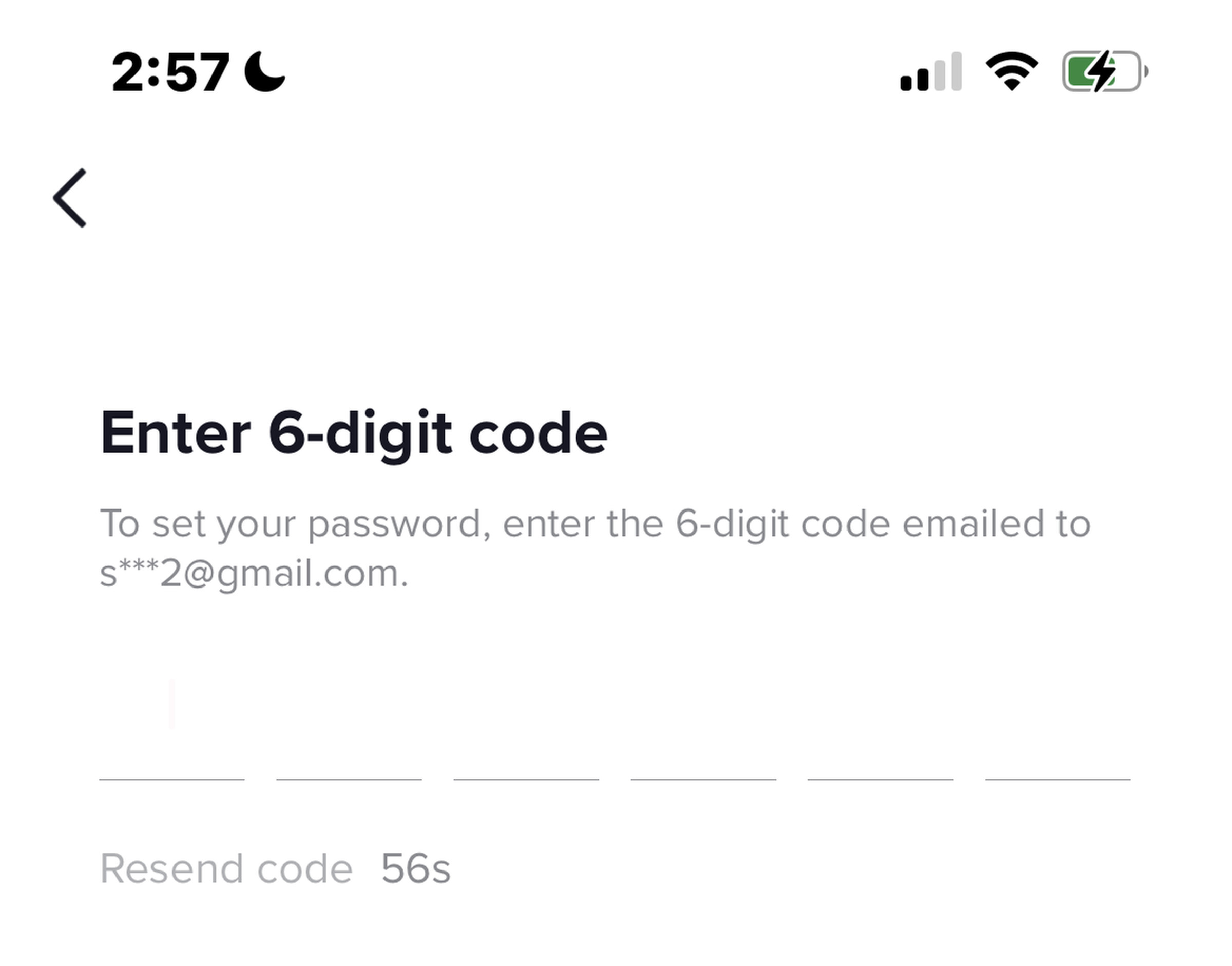 A Tiktok account recovery screen inviting the user to enter a six-digit code.