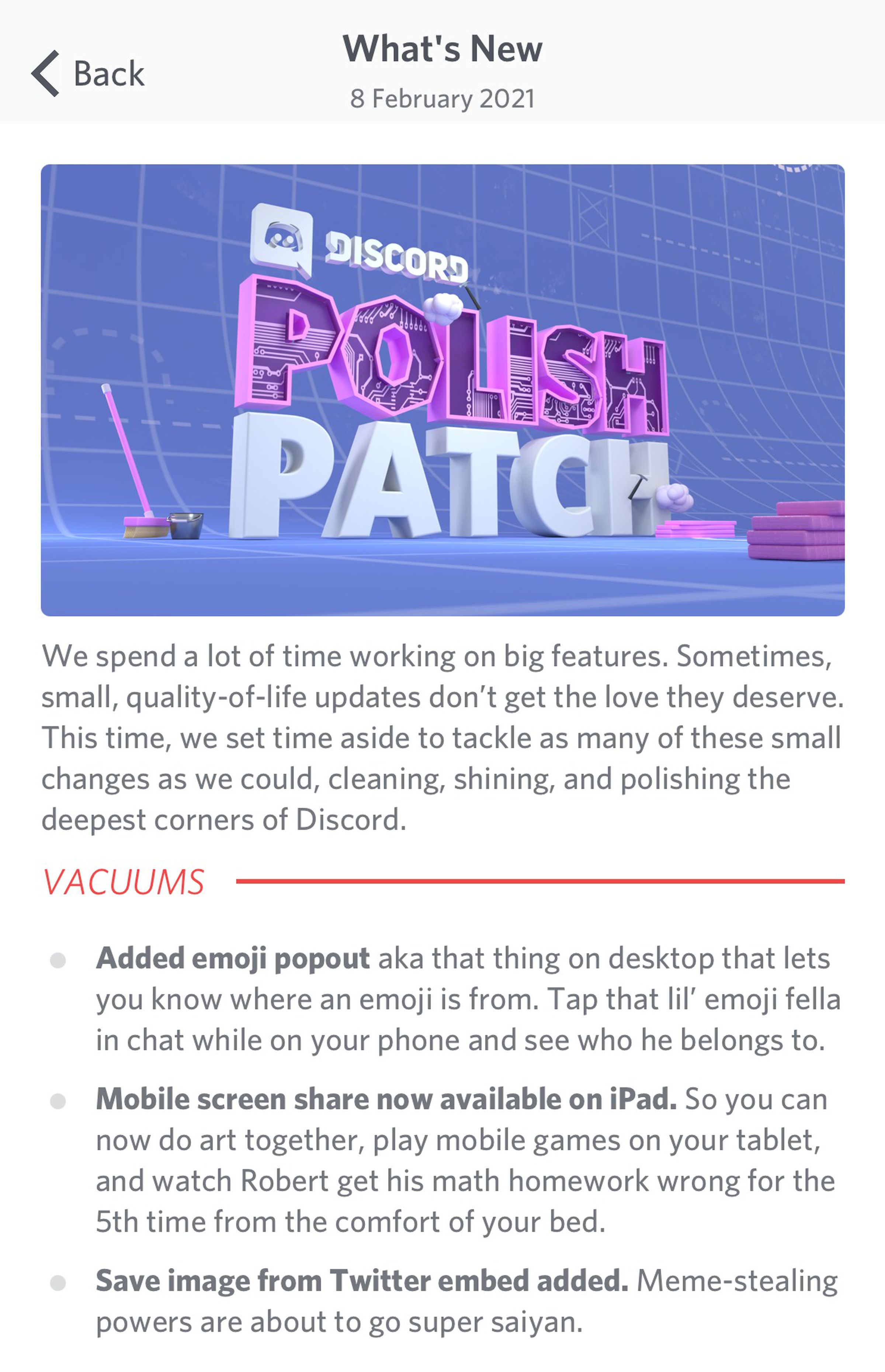 The changelog shown in Discord’s latest iOS version.