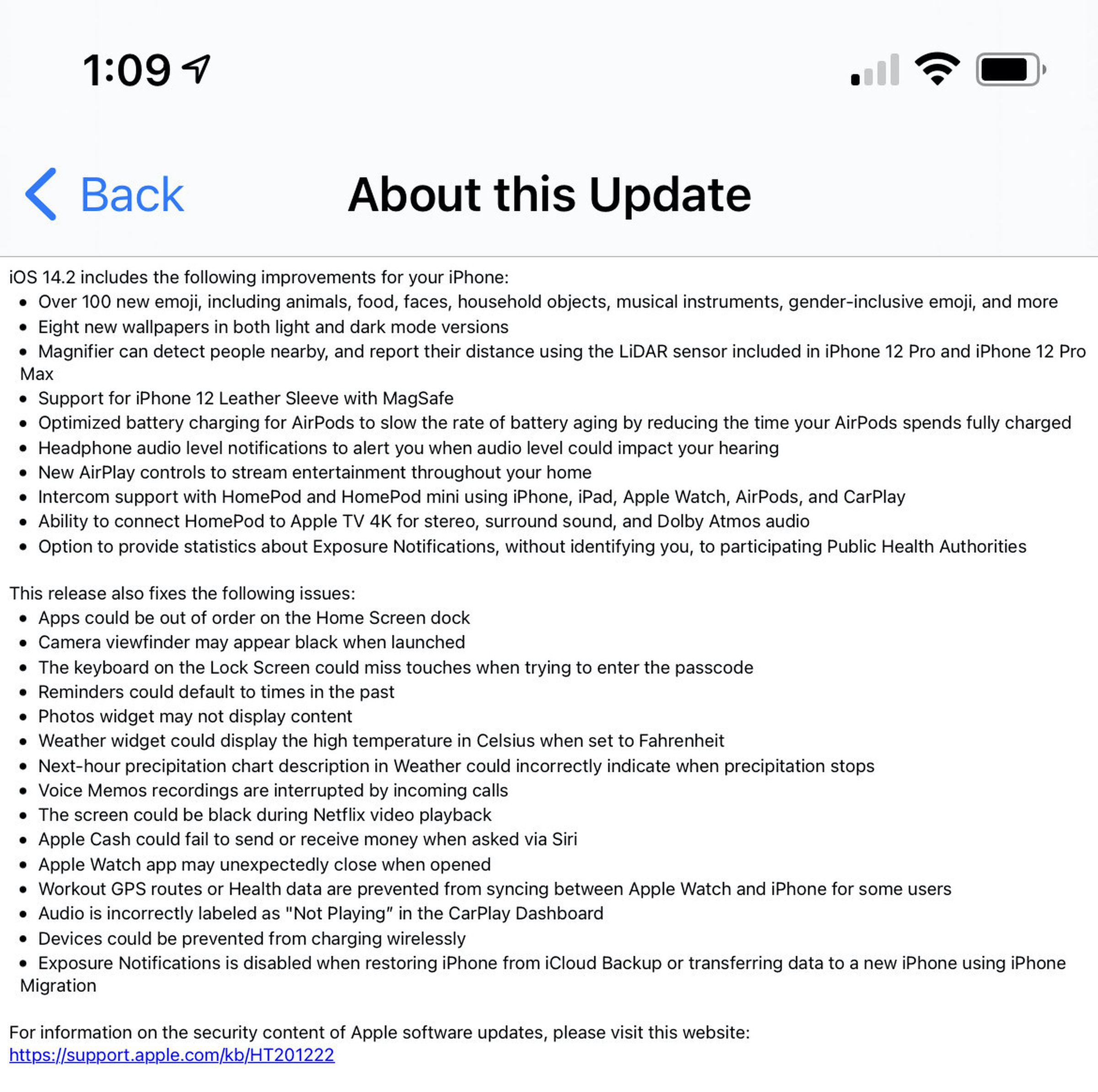 Screenshot of the iOS 14.2 changelog that shows up when updating a phone