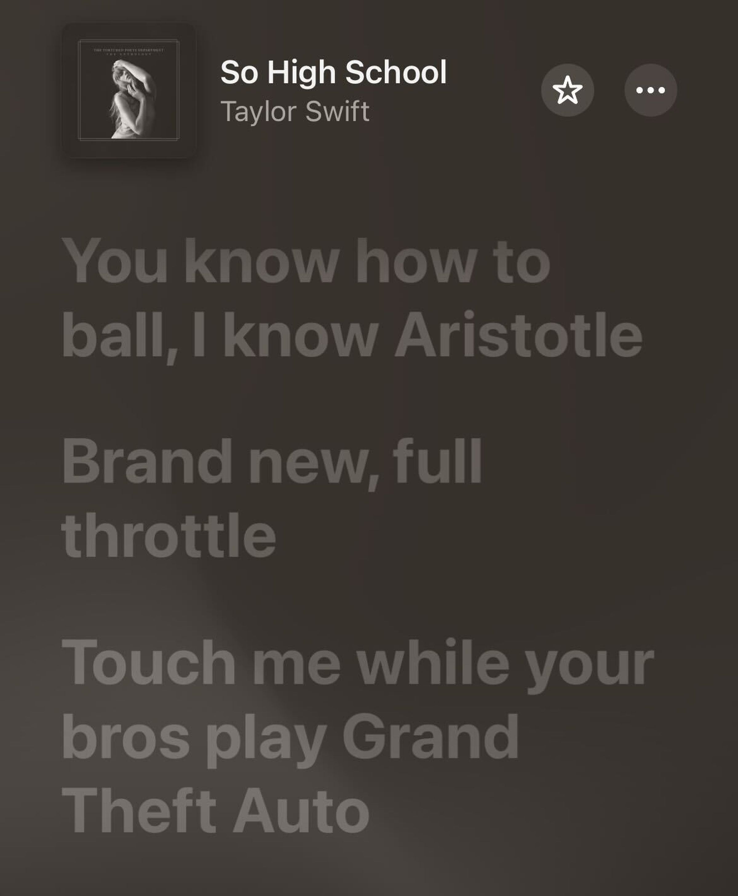 A screenshot of lyrics from the Taylor Swift song “So High School.”