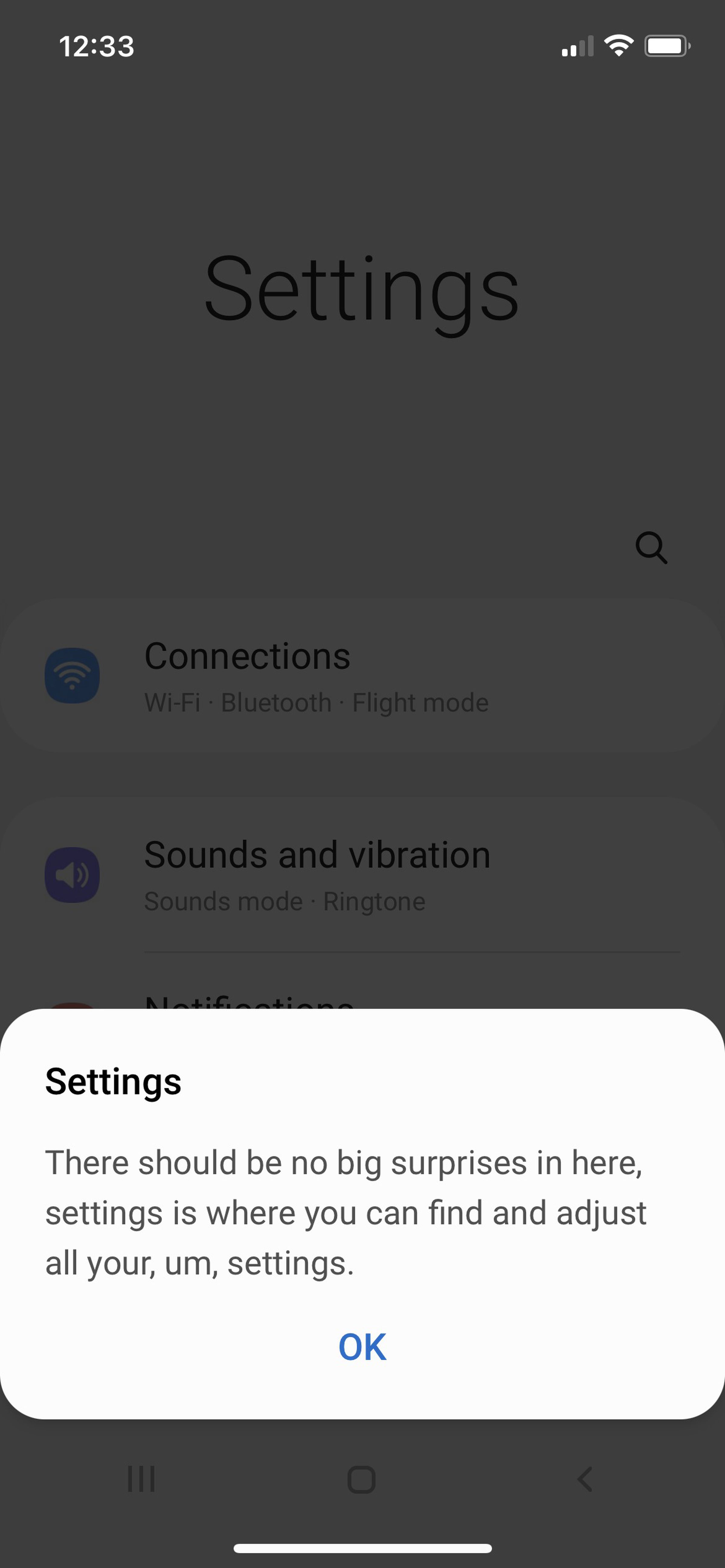 A tooltip from the settings app.