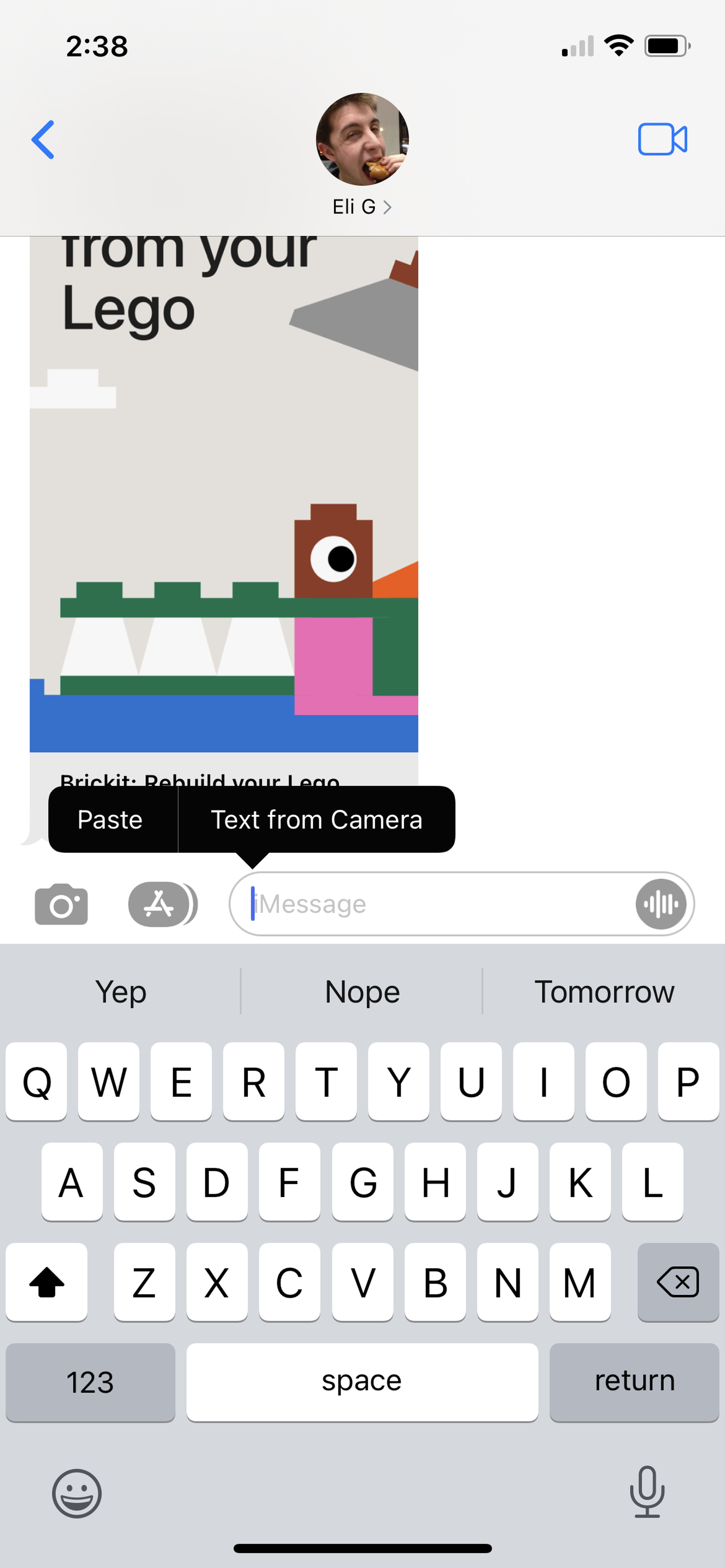 The new “Text from Camera” option in the text select menu.