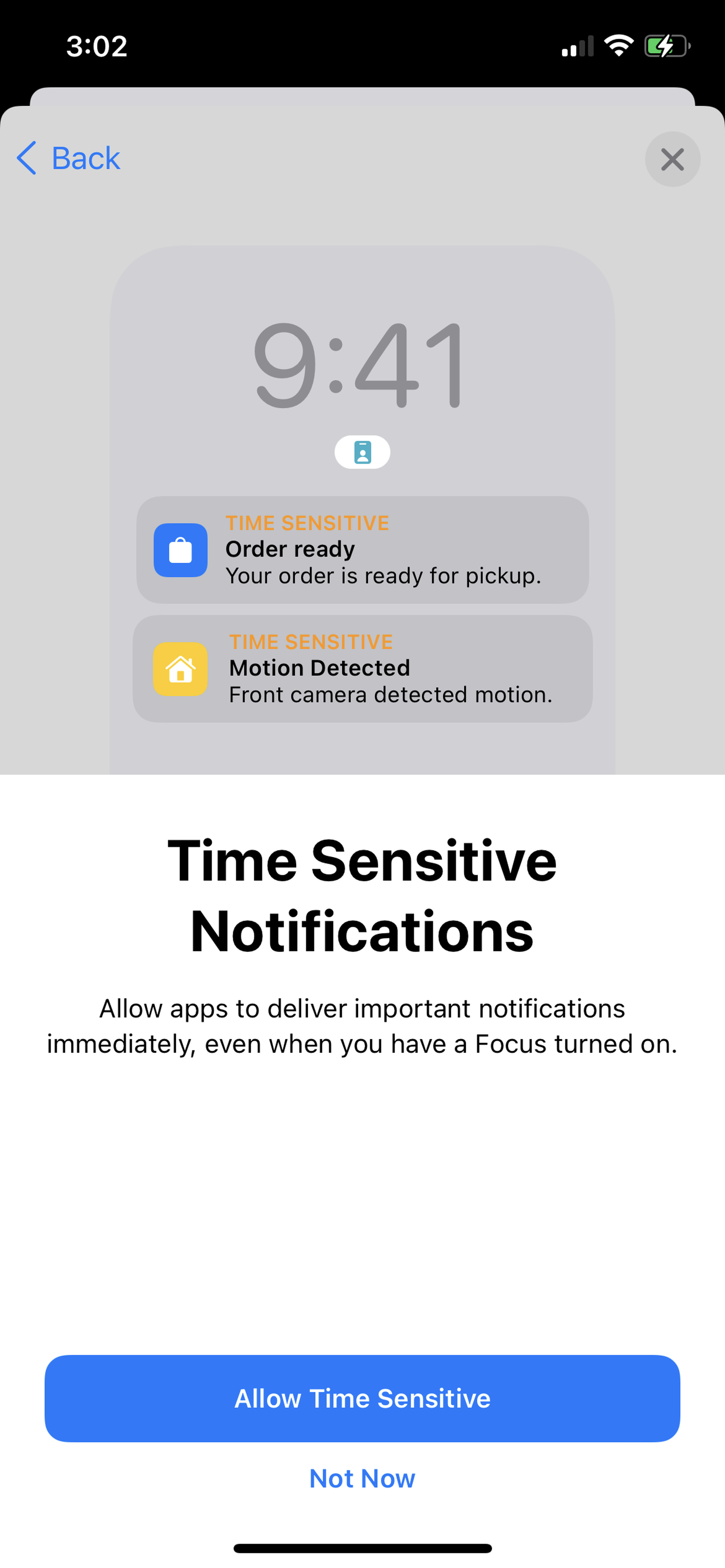The toggle to permit time-sensitive notifications.