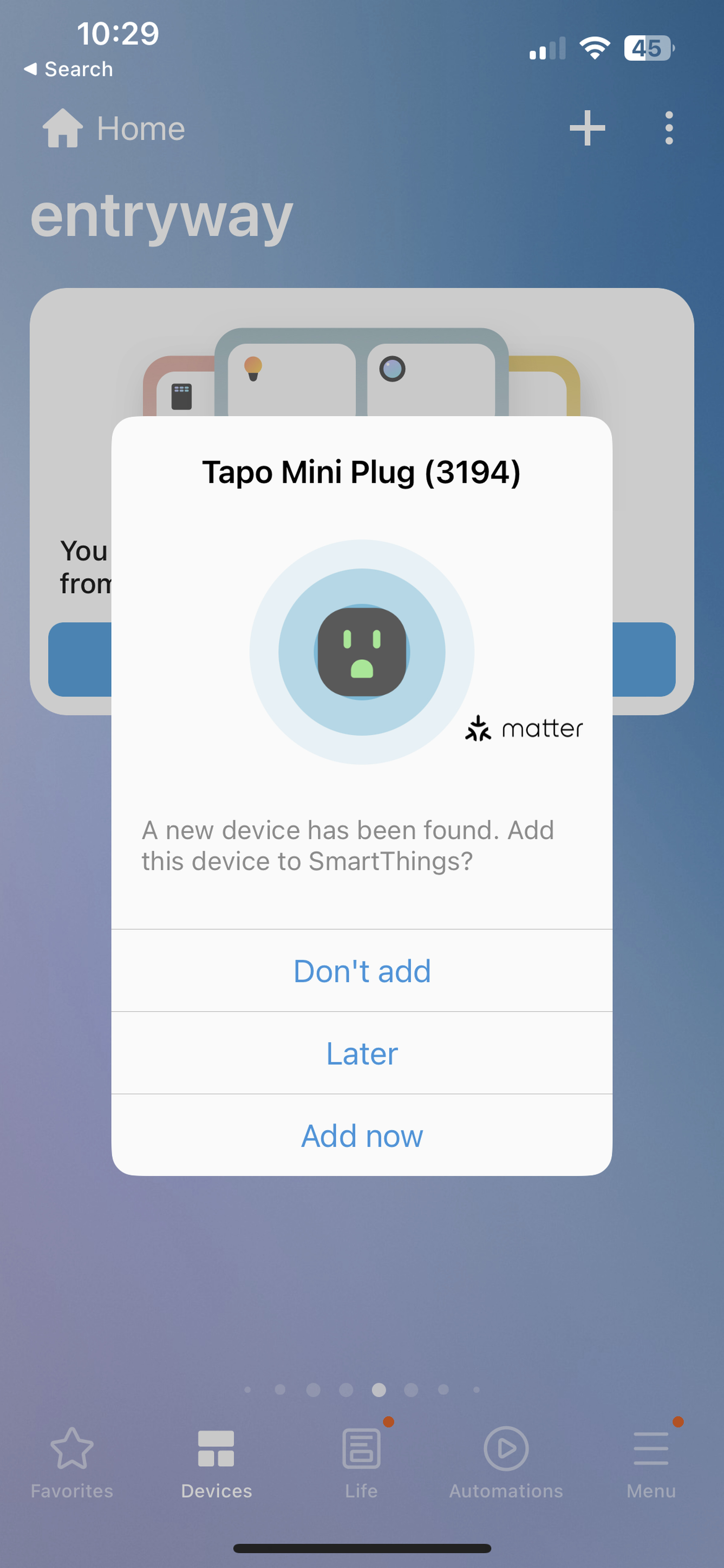 <em>The SmartThings app on iOS offered to pair the plug as soon as I powered it on.</em>