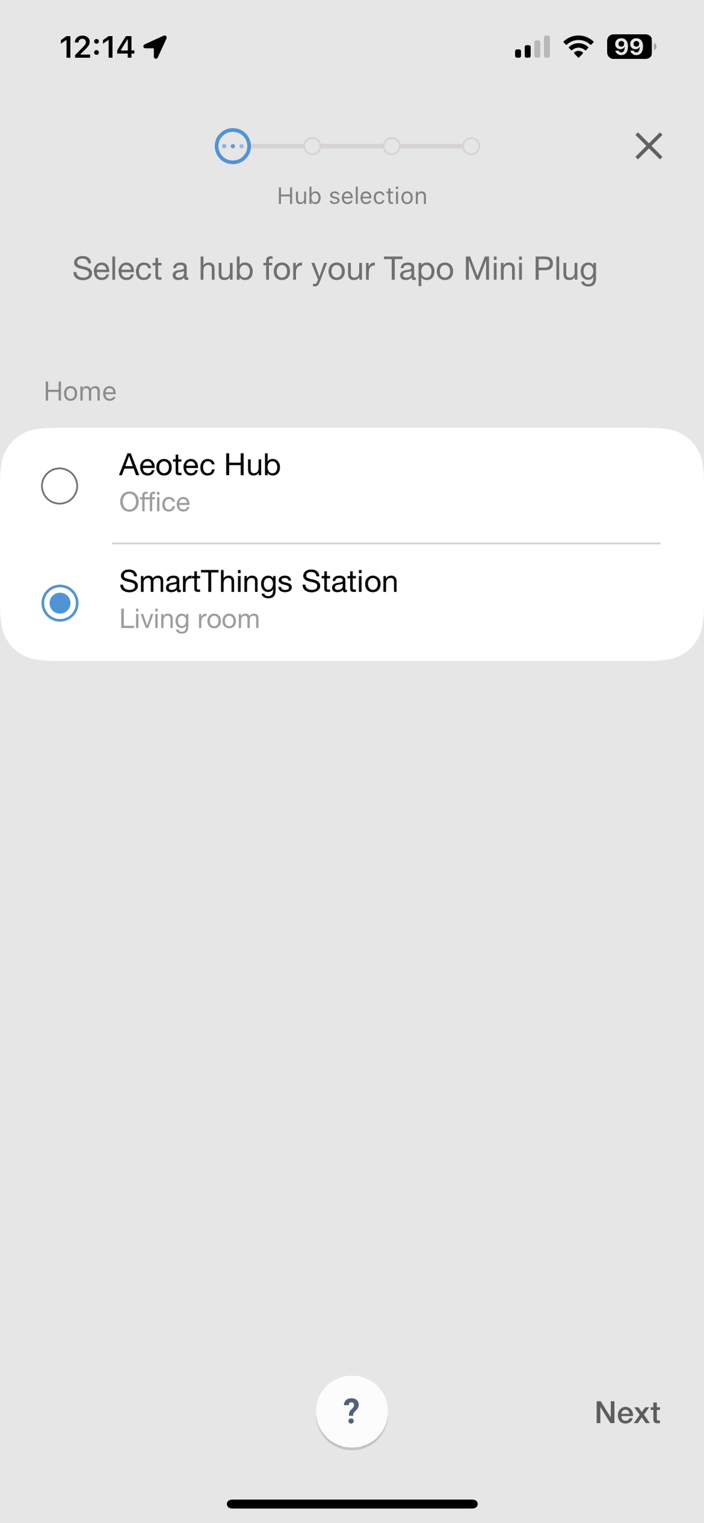 <em>Next, SmartThings asked me to choose which SmartThings hub I wanted to pair it too.</em>