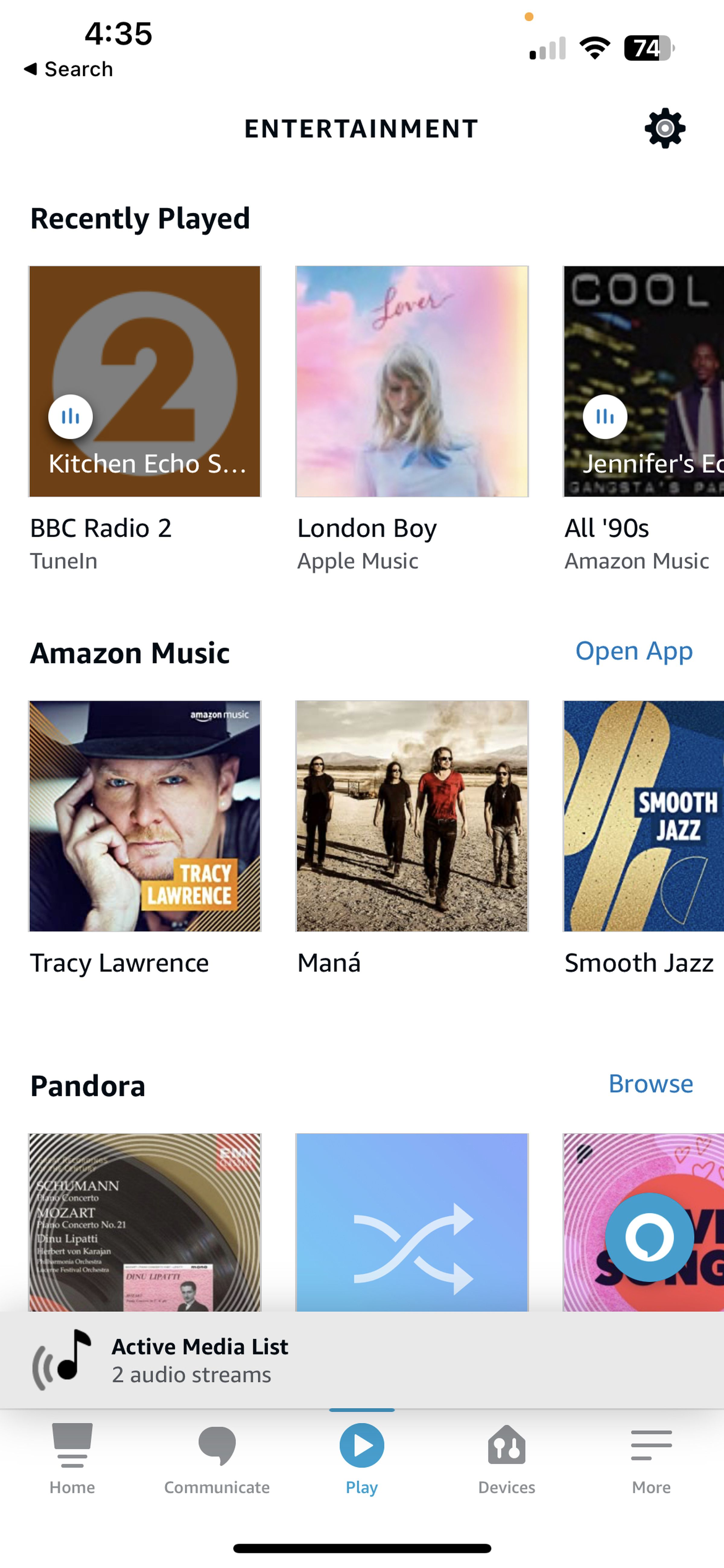 <em>The Play tab in the Alexa app lets you choose audio to play on your speakers. An Active Media List shows you what is currently playing and where.</em>