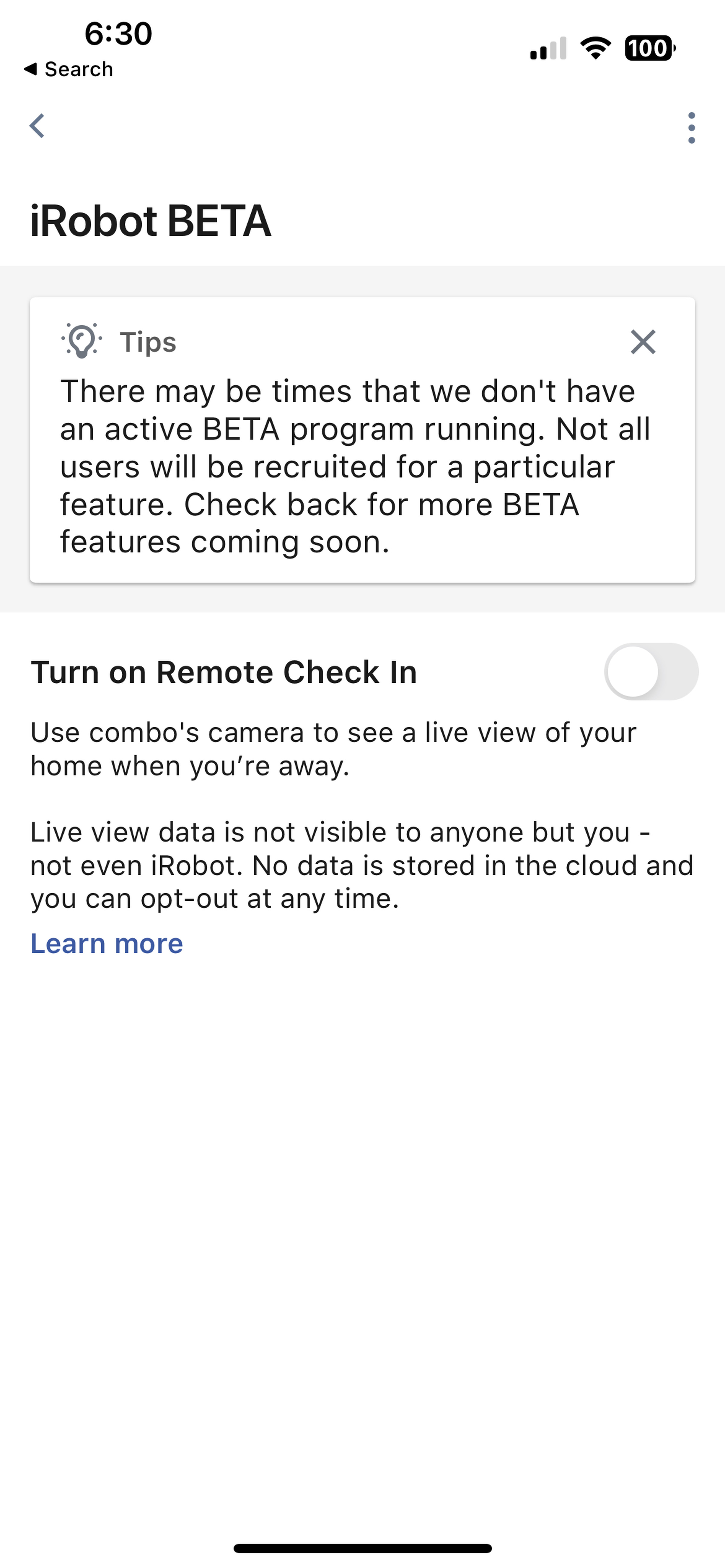 <em>You can turn on Remote Check In in the beta section of the iRobot app on iOS devices.</em>