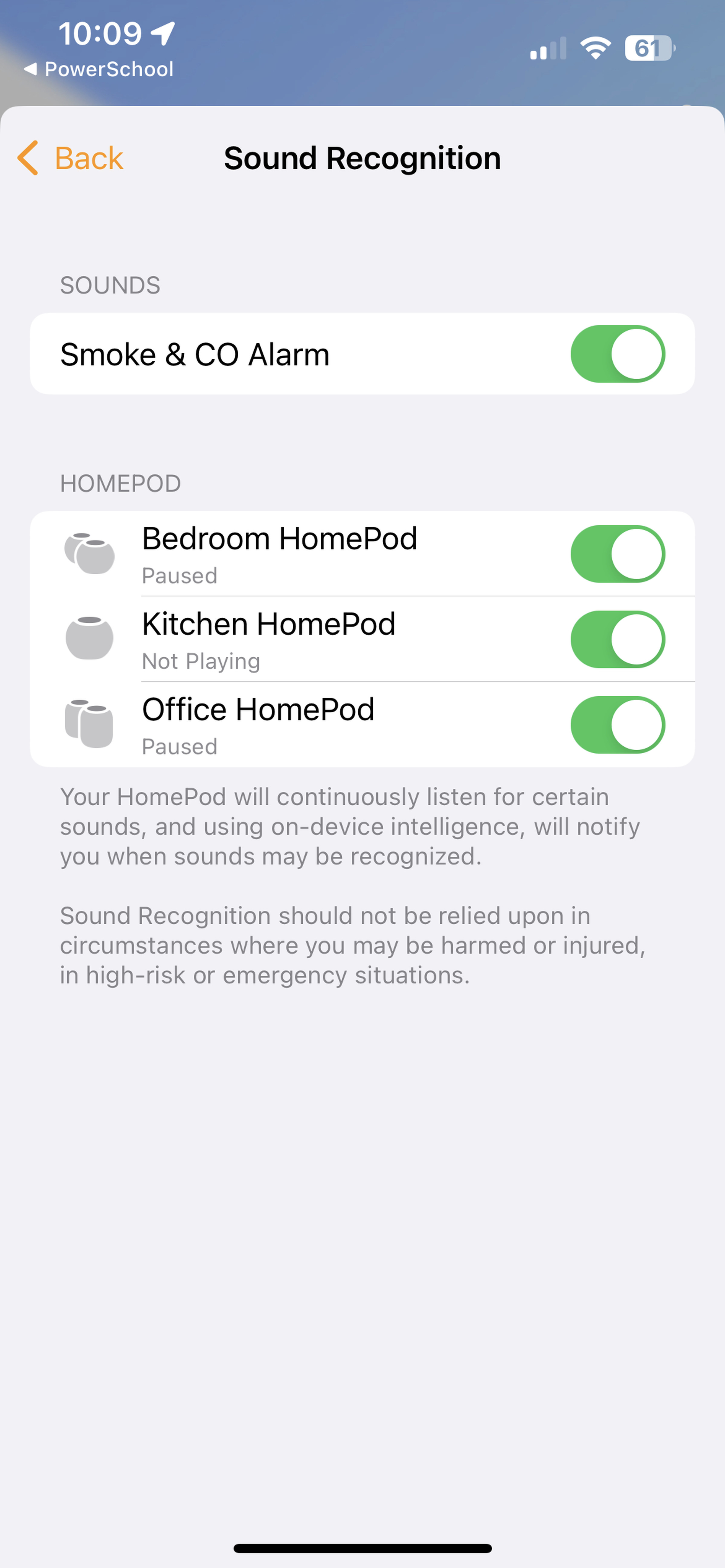 <em>From here, you can turn Sound Recognition off for all HomePods or each individually.</em>