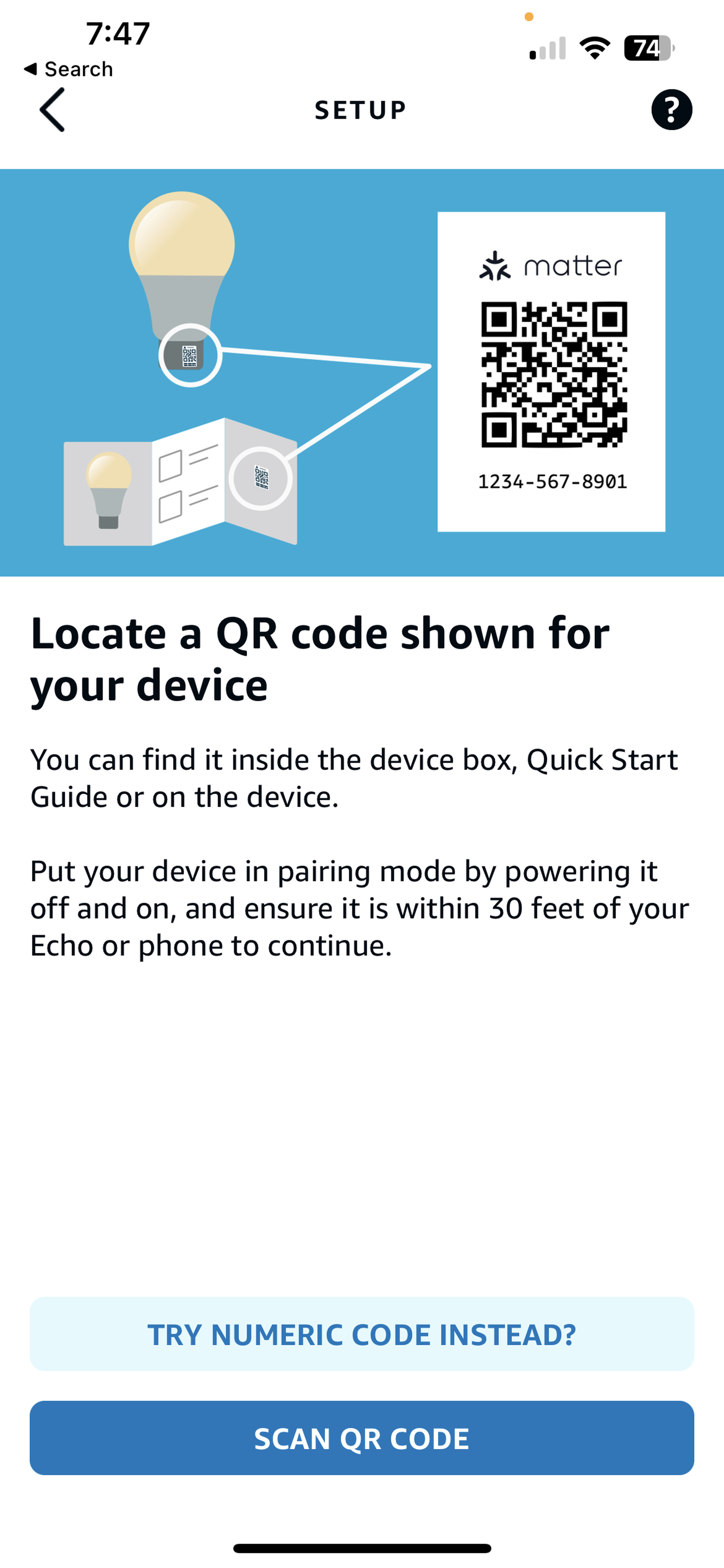 <em>Then it asked me to scan the code. As I was pairing from another platform this wouldn’t work. Although it’s not clear here, I needed to tap “Try numeric code instead” and paste in the code I had generated from the Apple Home app.</em>