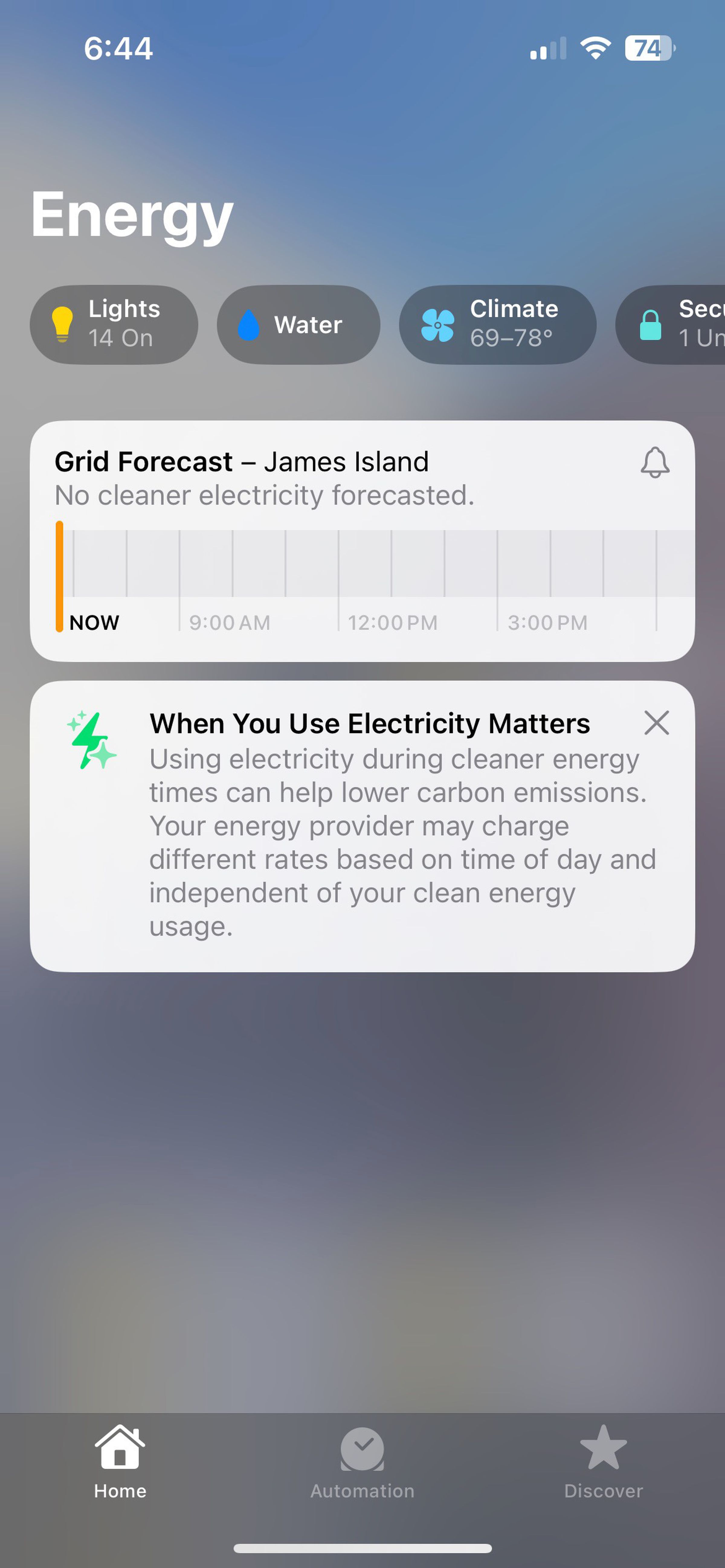 Tapping on the icon opens this screen with a graphic that illustrates when you might expect cleaner energy so you can plan your appliance usage. 