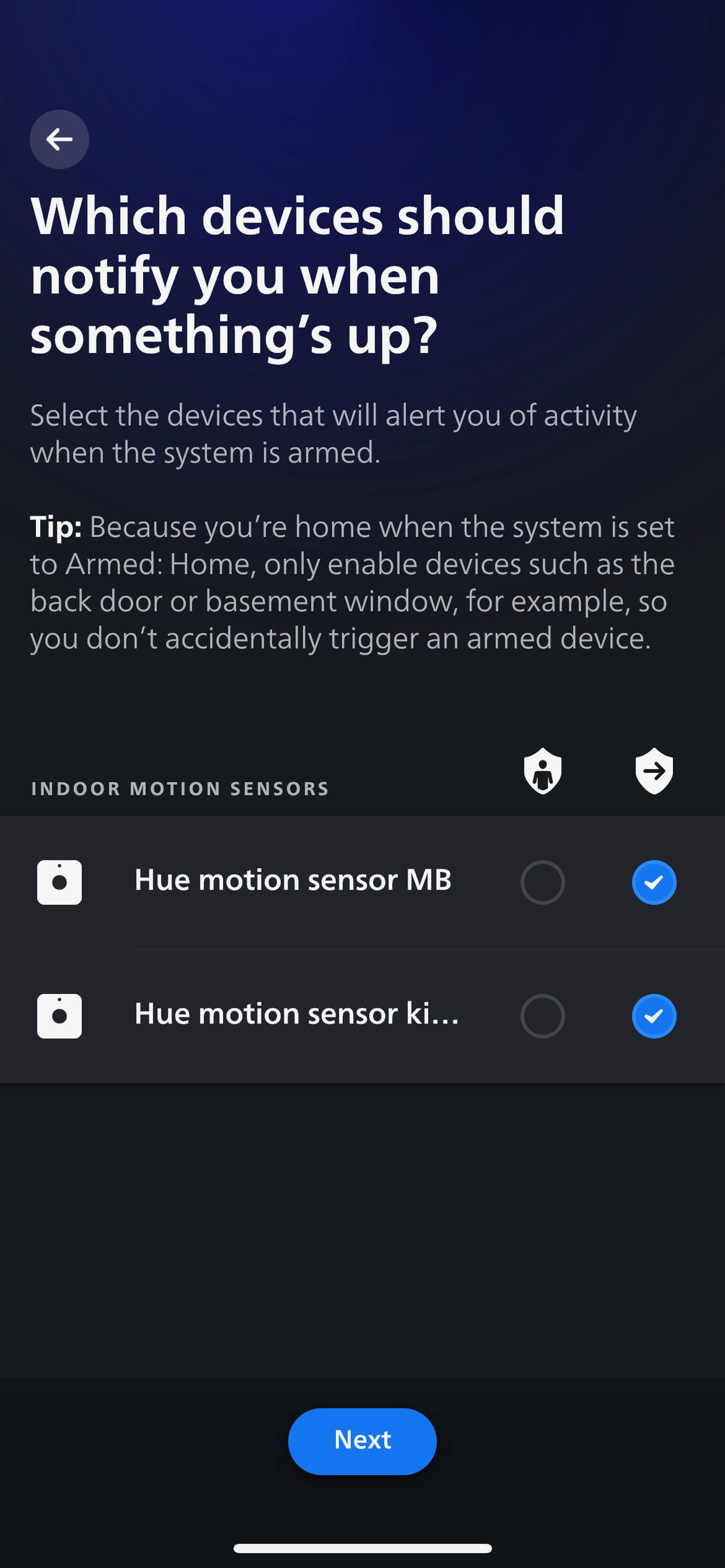<em>Select from your existing sensors and decide which should be active when your system is set for “Armed: Home” or “Armed: Away.”</em>