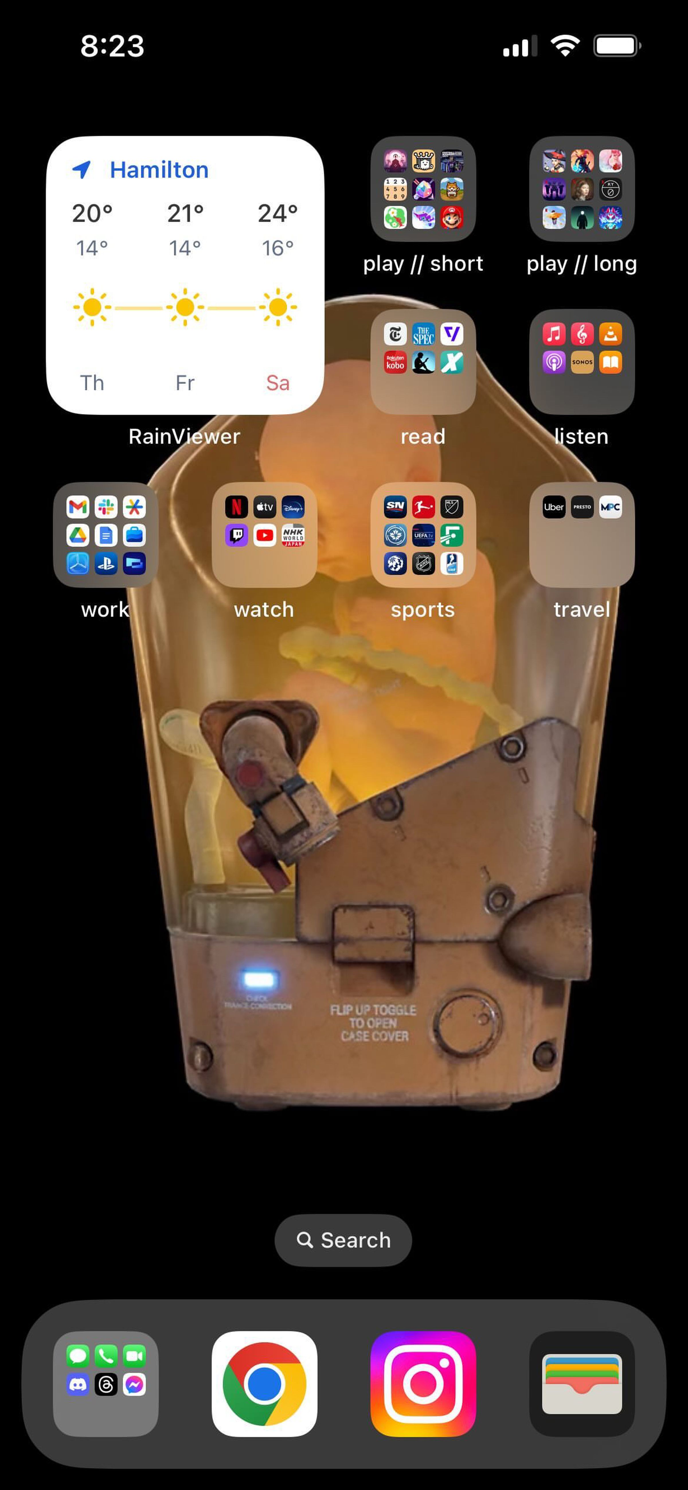 A picture of an iOS home screen with only the top three rows occupied, by labeled folders full of apps. A four-square widget shows the weather.