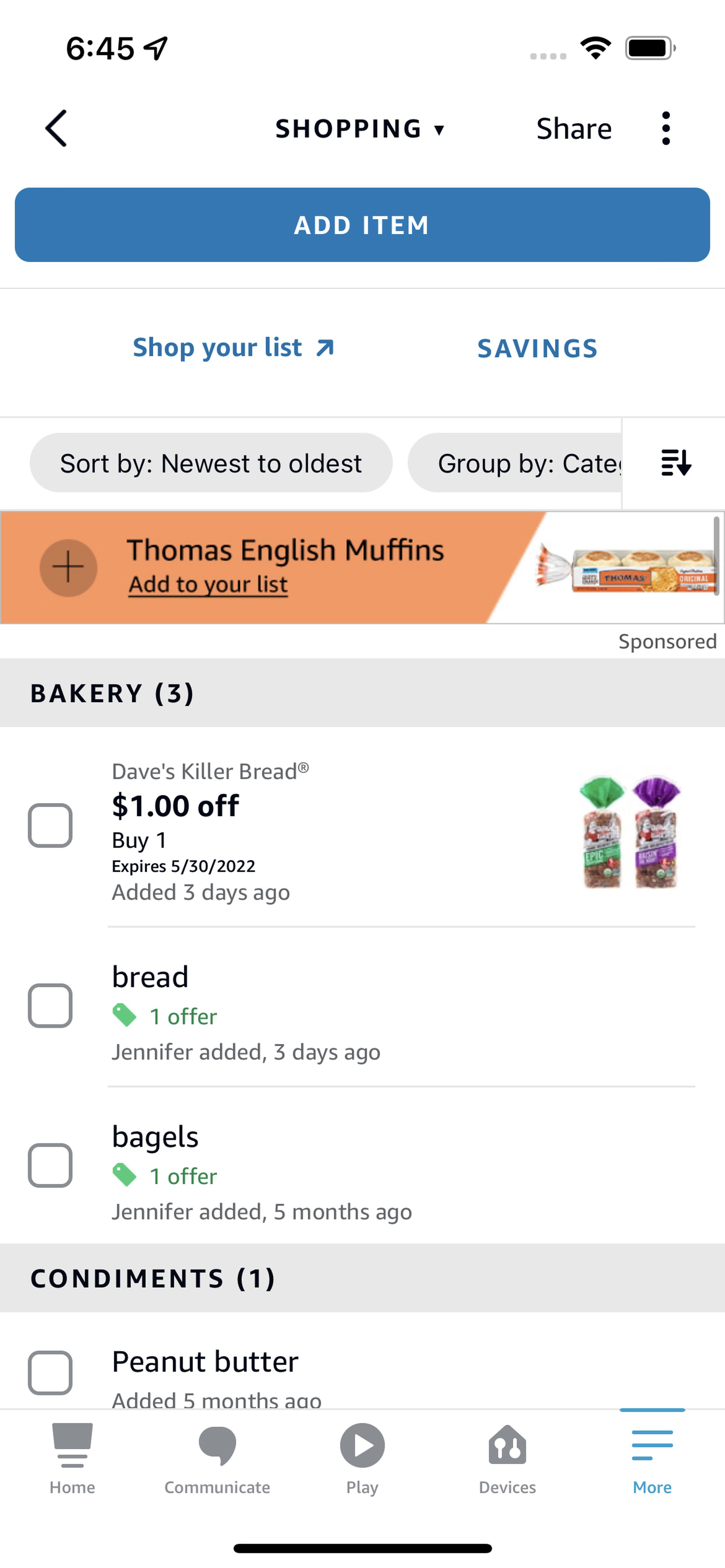 How the coupons appear in the Alexa shopping list.