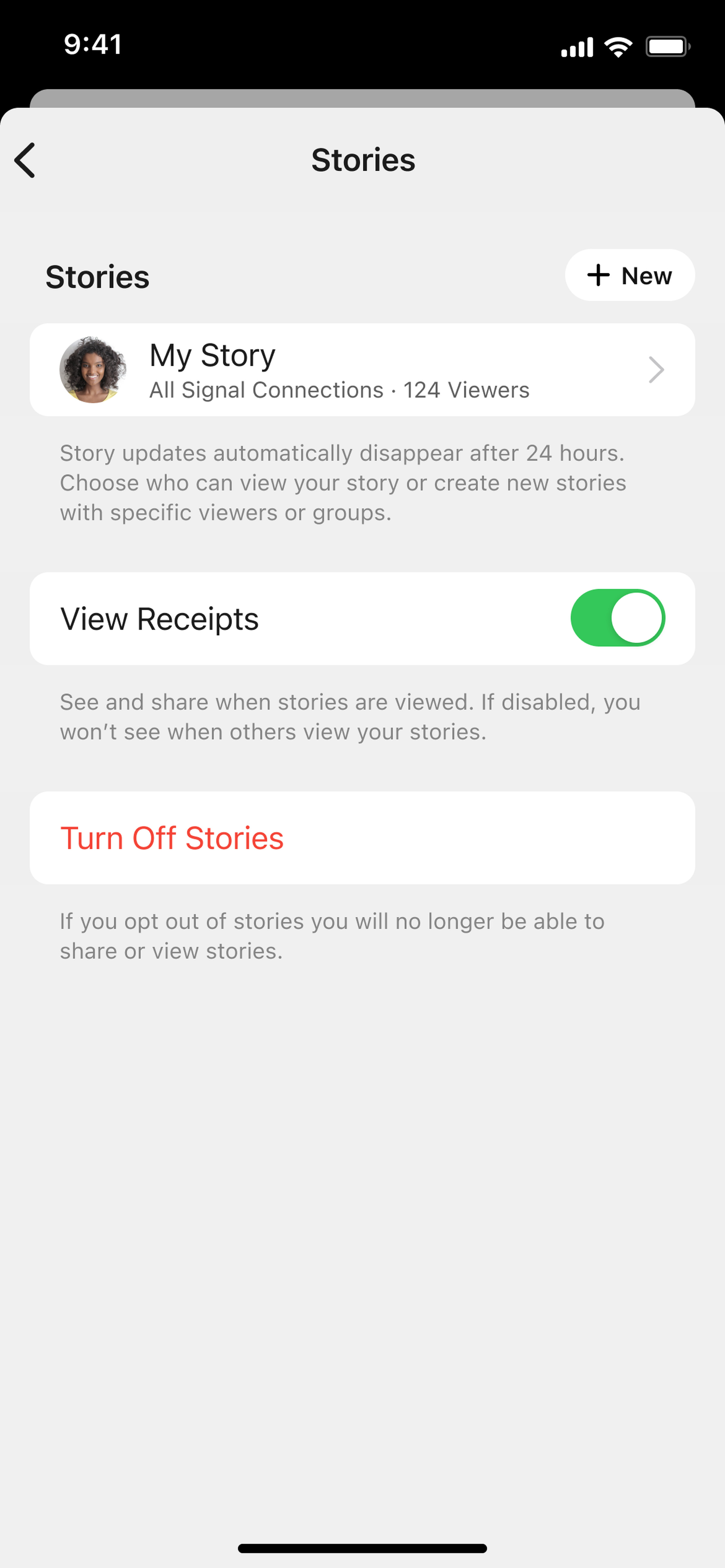 Signal Stories - A screengrab of the Signal app settings for Stories.