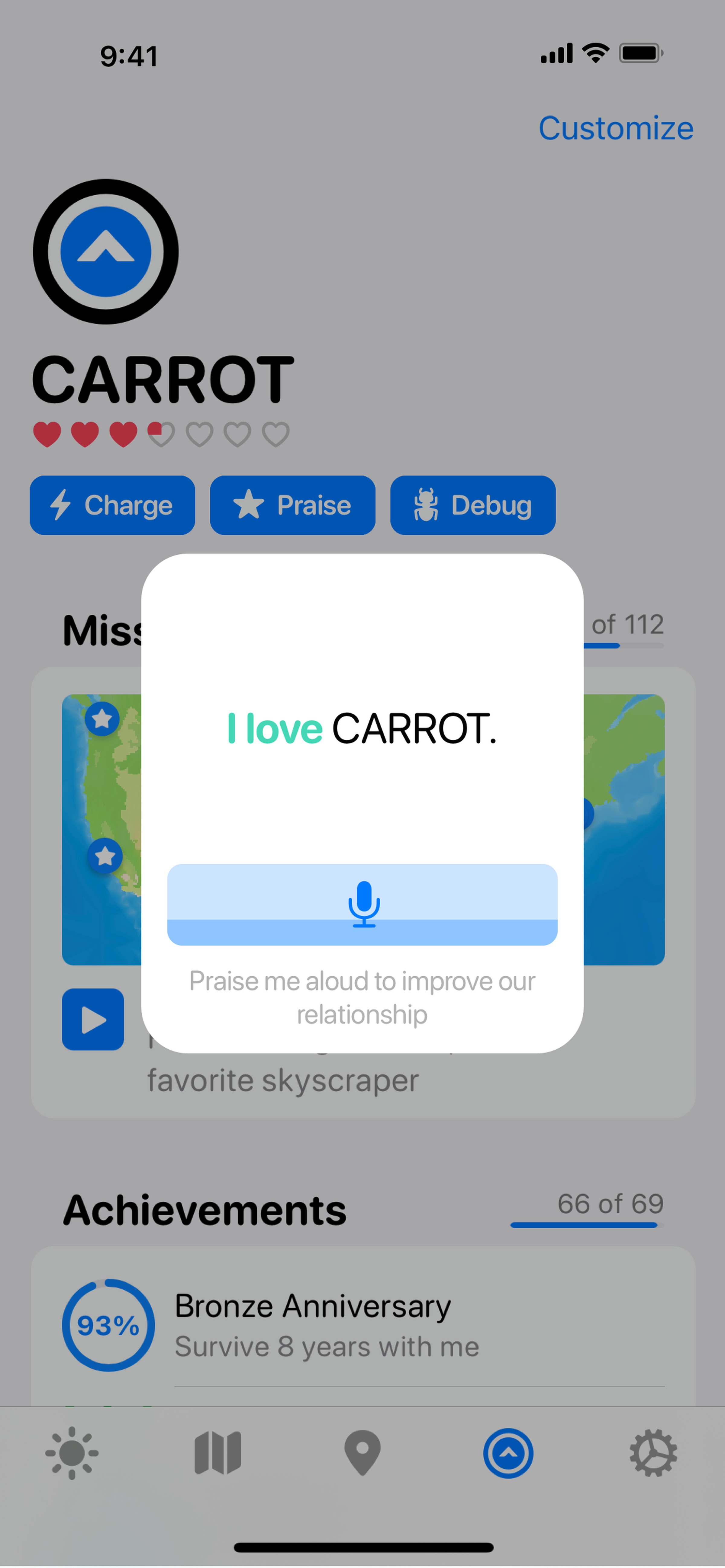 Screenshot of the Praise mini-game, which asks you to speak out loud about how much you love the app.