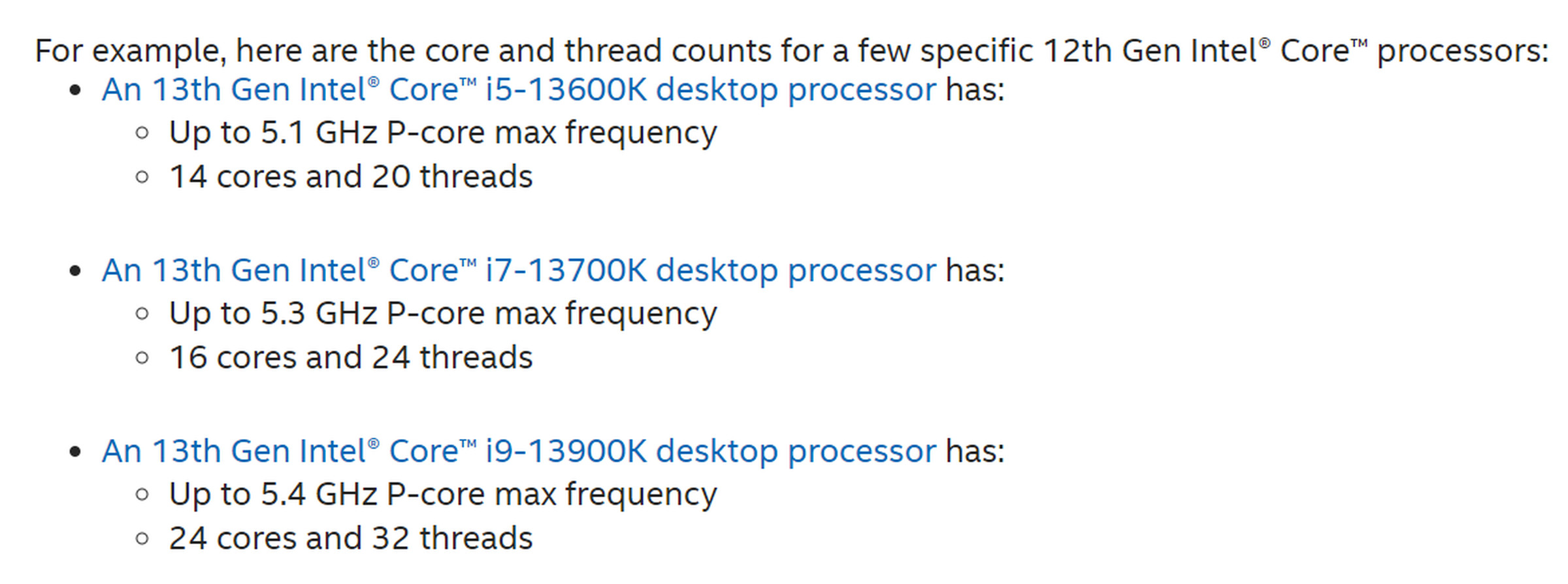 A screenshot of Intel’s website showing 13th Gen processor specs.