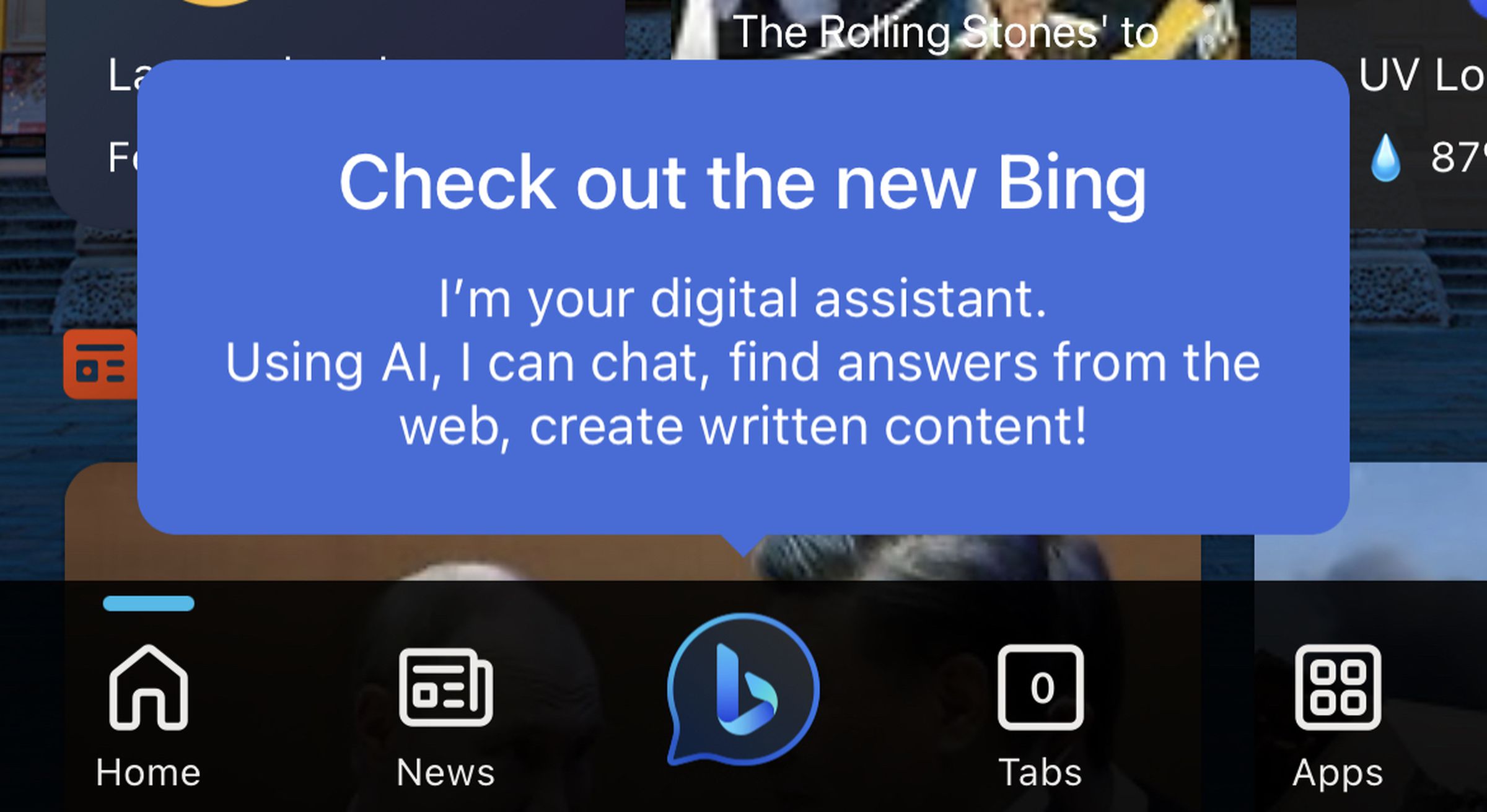 A screenshot of Bing’s mobile app saying “Check out the new Bing.”