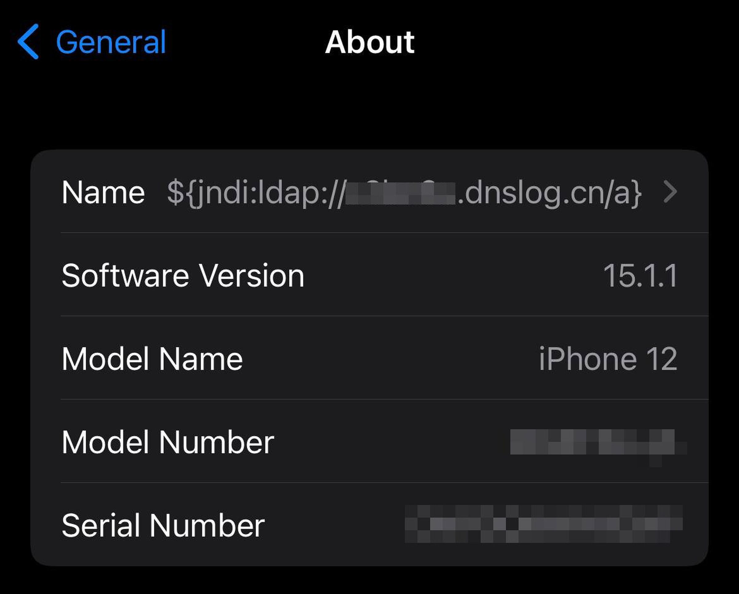 Apple device information screen showing name changed to log4shell attack string