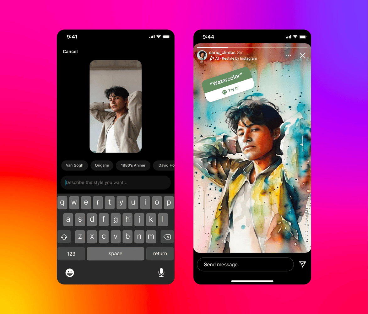 AI photo editing feature on Instagram, applying a “watercolor” effect to an image.