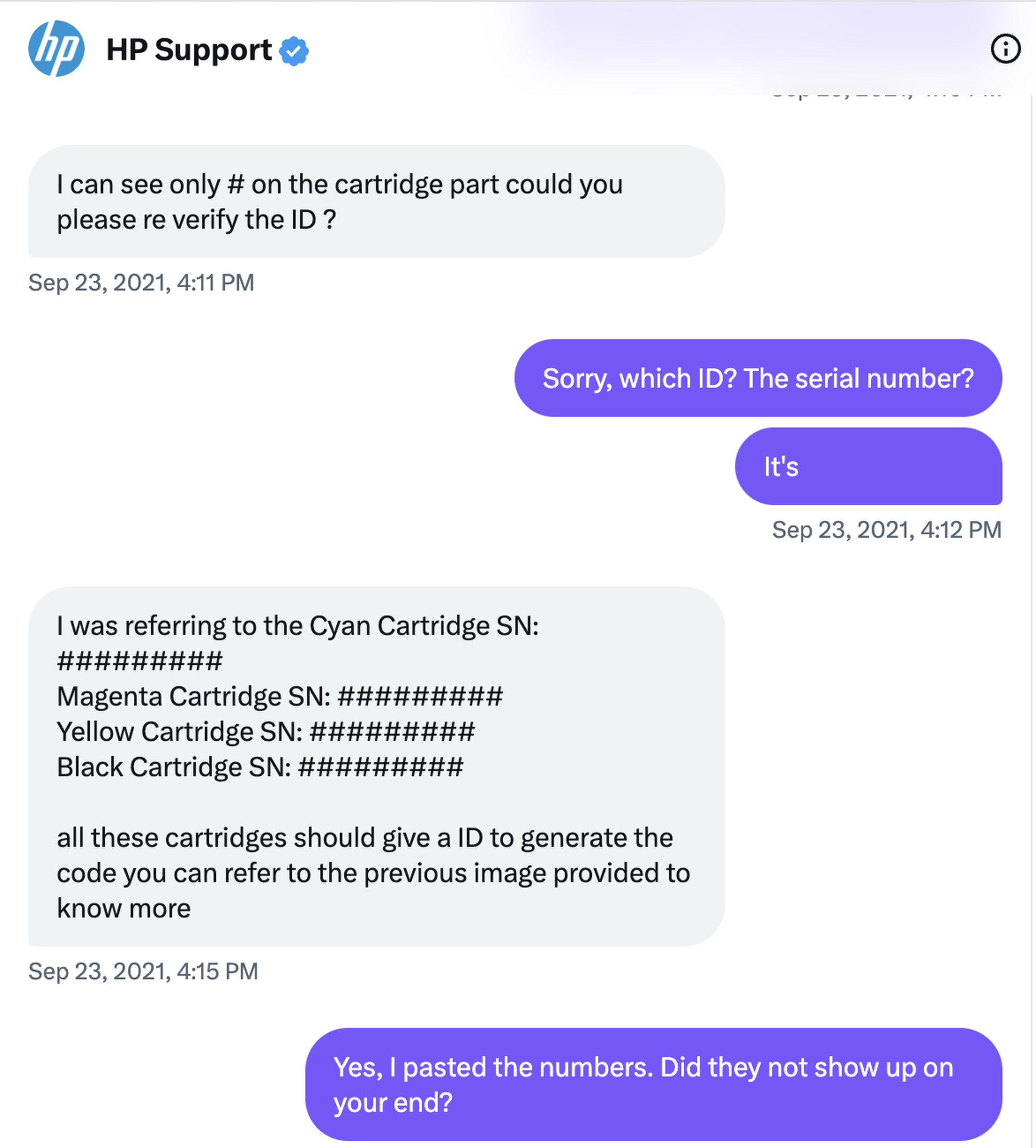 Screenshot of DM between the author and HP support. The ink cartridge serial numbers have been redacted by some software platform or another.