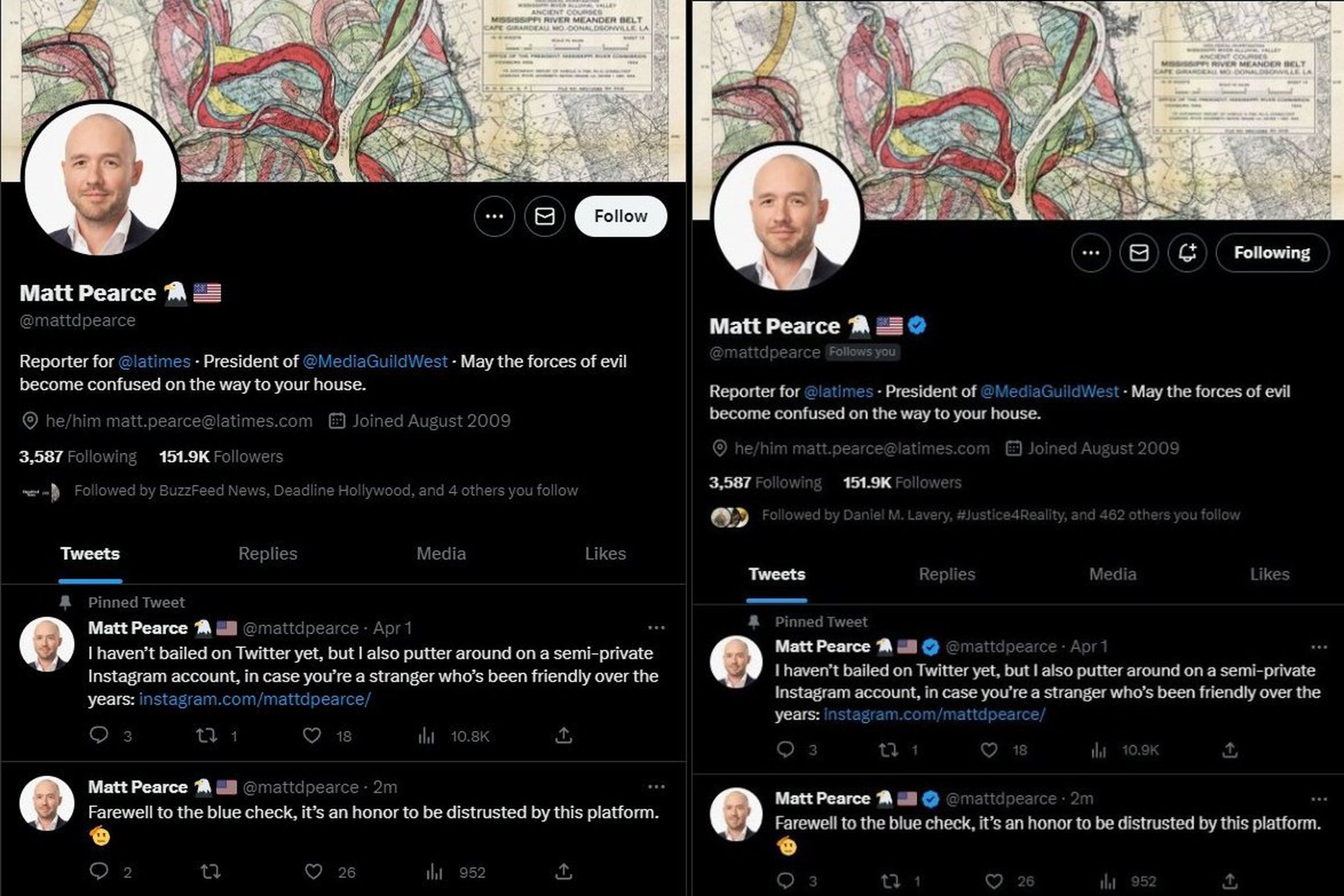 Side by side screenshots of a Twitter profile for LA Times reporter Matt Pearce, with one displaying the blue verified checkmark logo and one not.