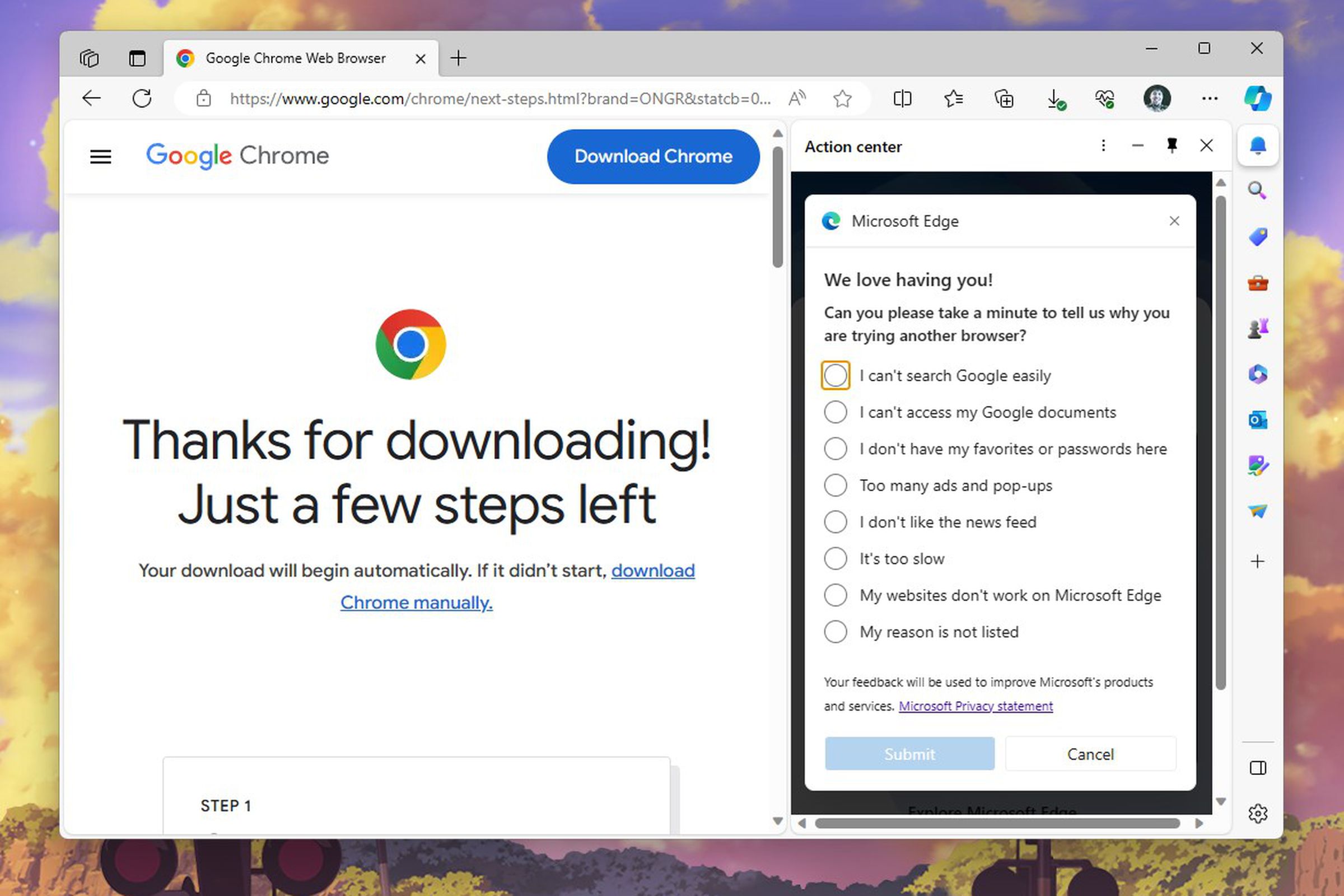 Microsoft Edge now pops up a poll after you press the “Download Chrome” button.
