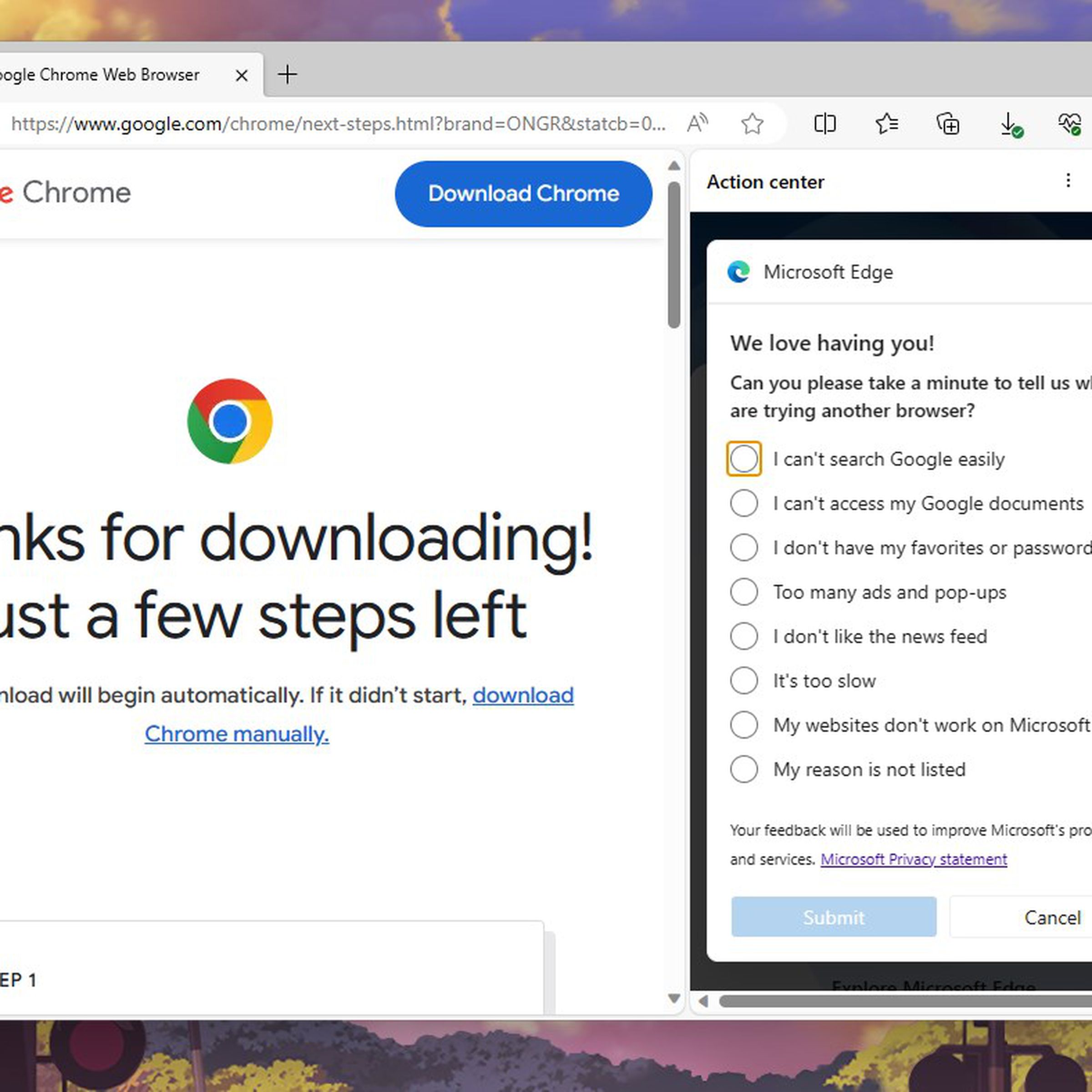 Microsoft Edge now pops up a poll after you press the “Download Chrome” button.