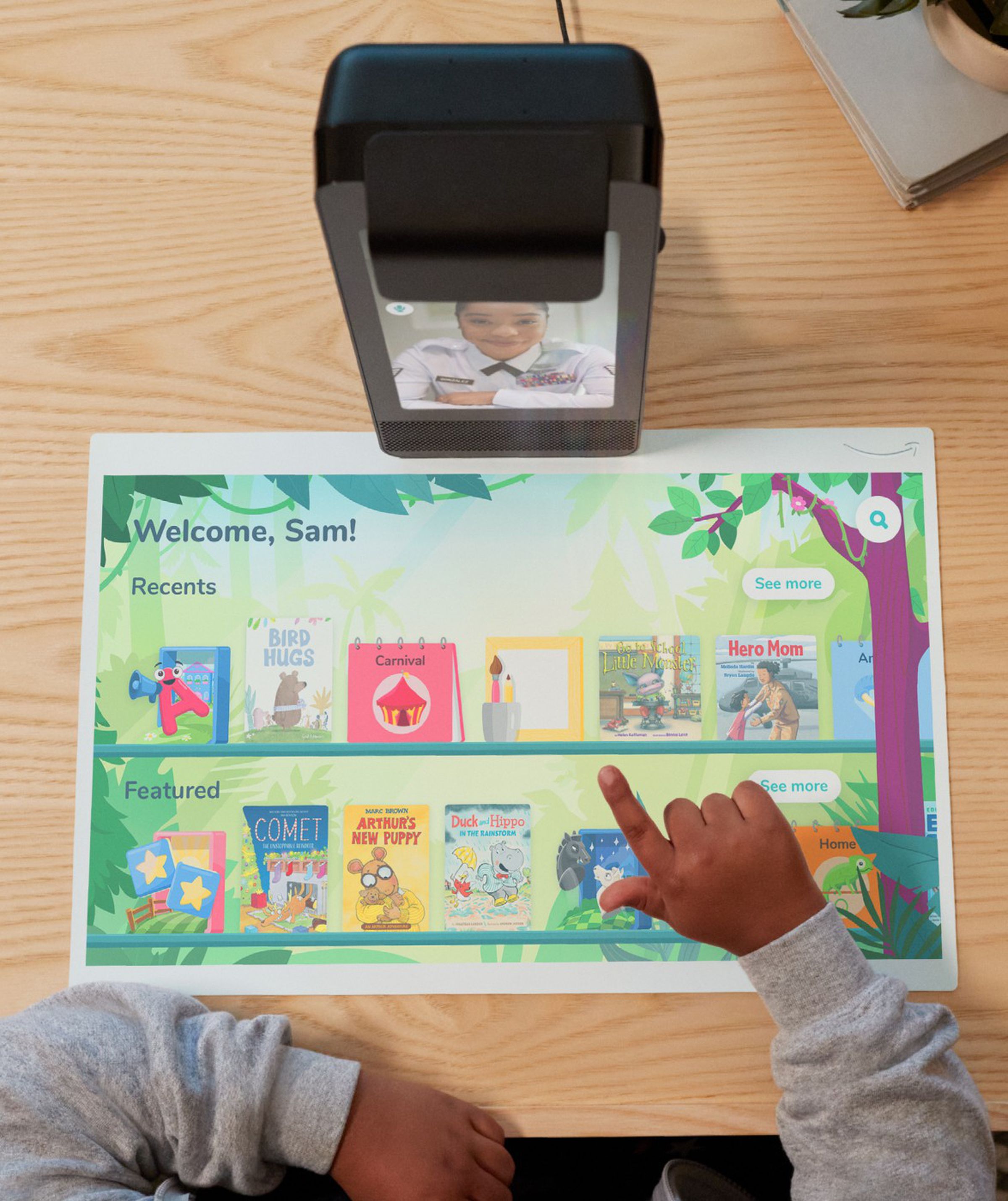 The bundled Amazon Kids Plus subscription comes with a variety of books and other apps, projected onto a 19-inch virtual screen.