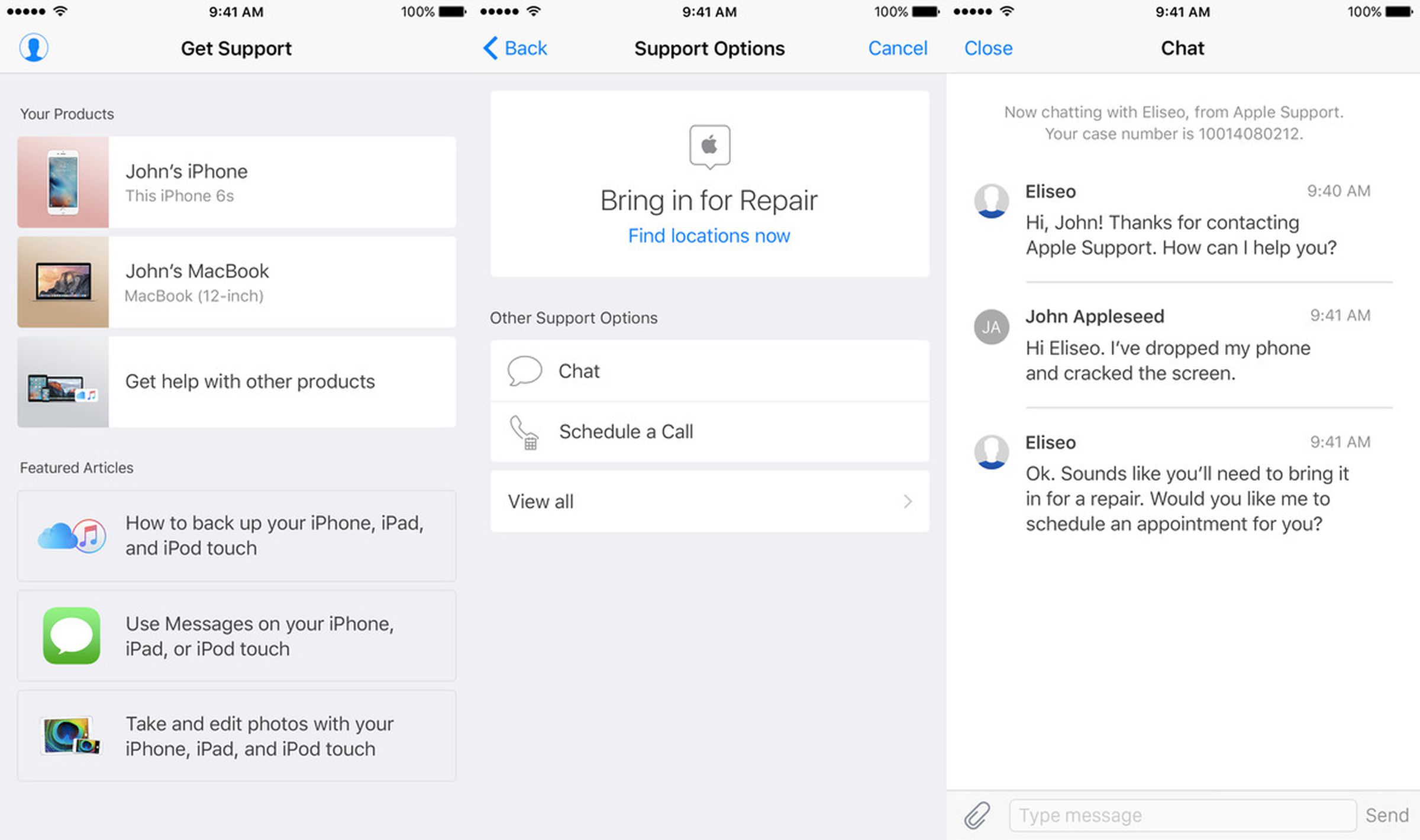 The Apple Support app lets you register your devices and schedule repairs. 