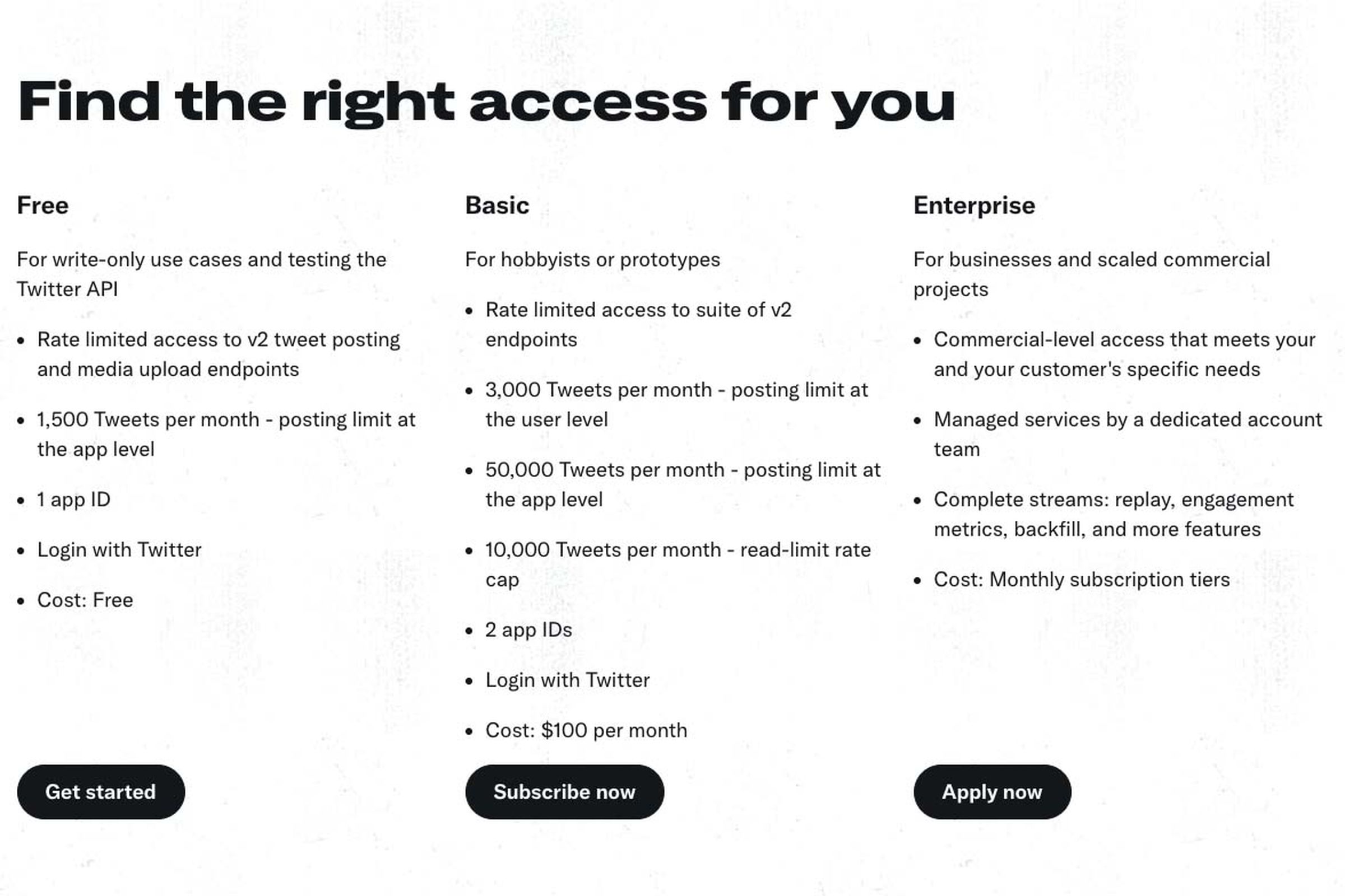 A screenshot of Twitter’s website showing the three API access tiers. 