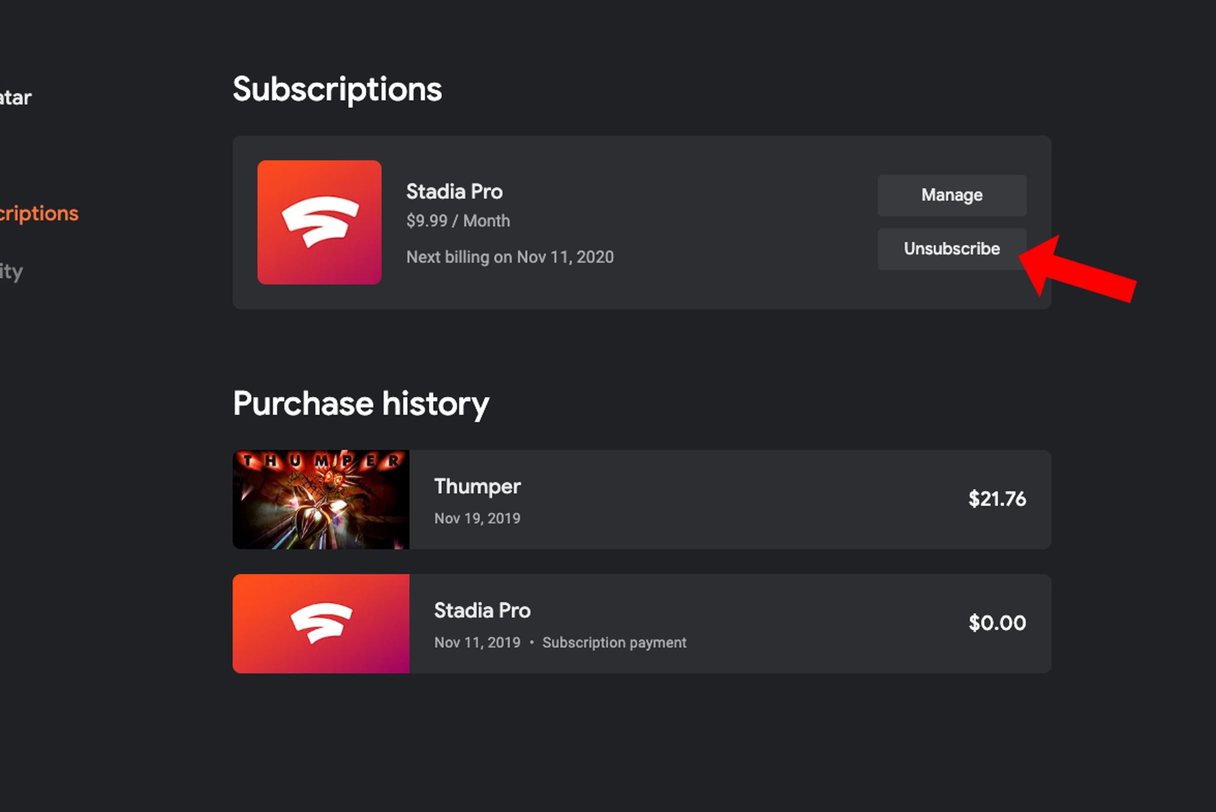 The Purchases & subscriptions view for a Stadia Pro member, highlighting the Unsubscribe button. 