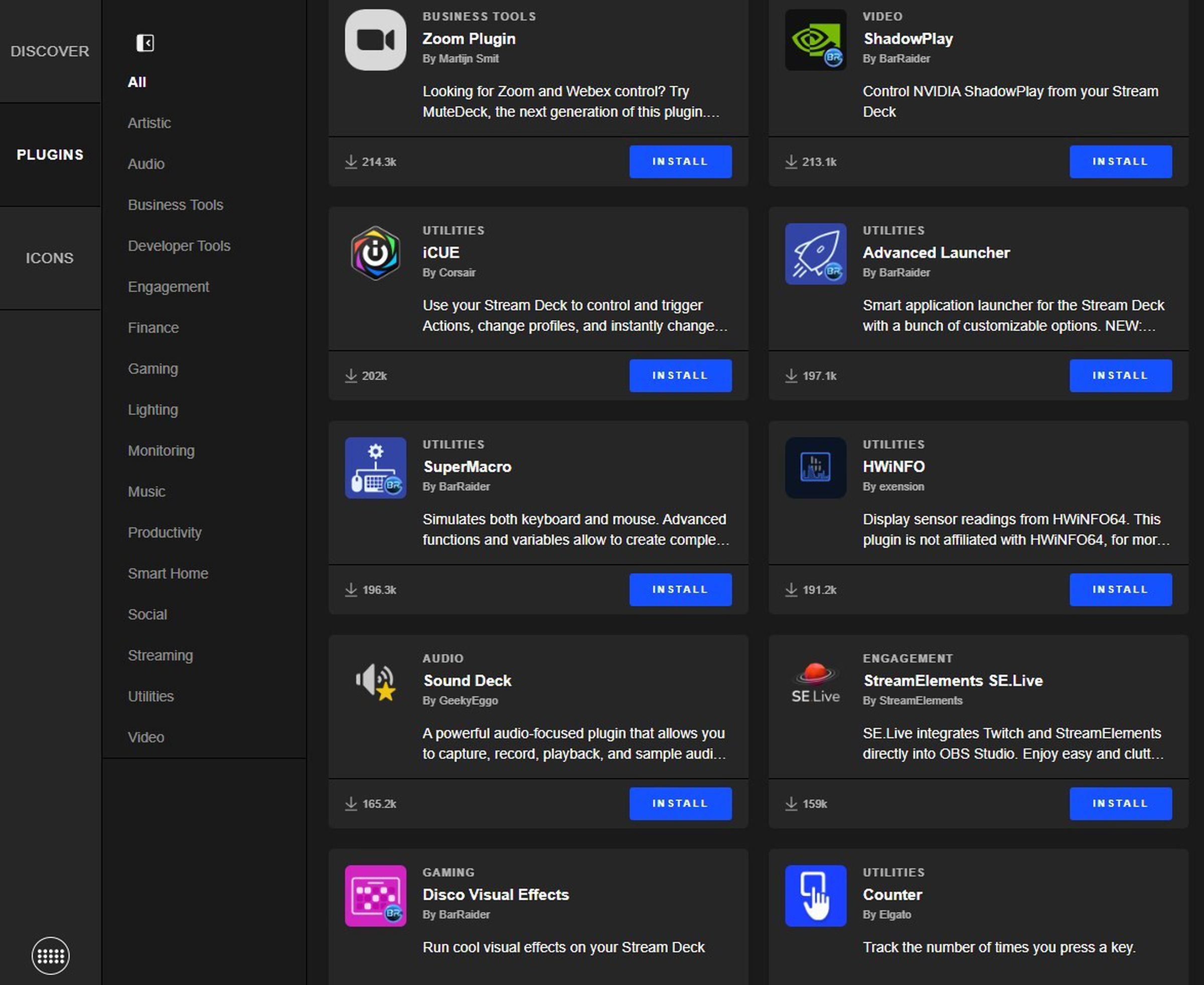 lots of blue install buttons dot a list of utilities you can freely download for Stream Deck
