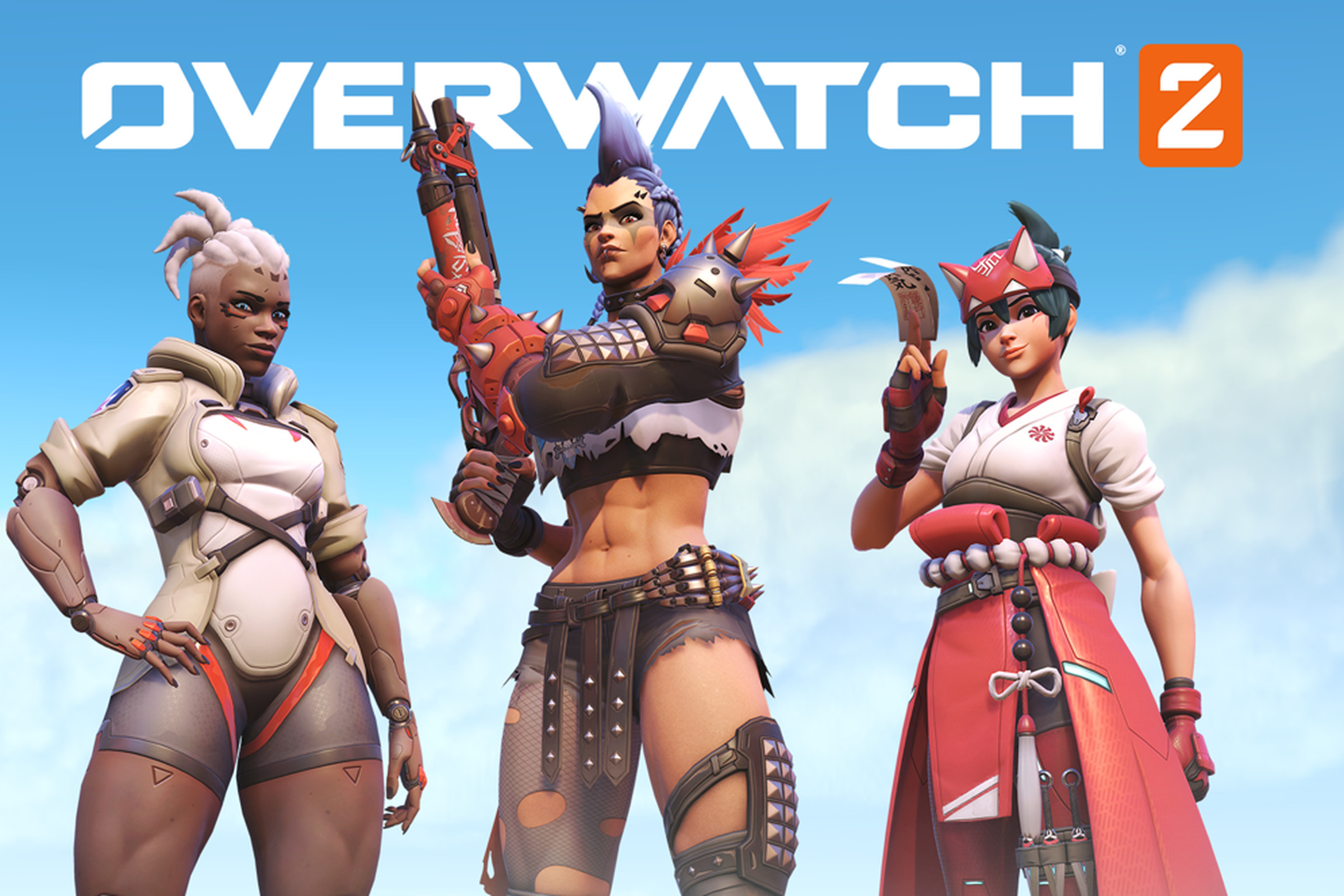 Key Art graphic depicting three new heroes in Overwatch 2 from left to right: Sojourn, an African Canadian dark skinned woman; center is Junker Queen, a tanned and muscular Australian woman with a blue mohawk; rightmost is Kiriko, a Japanese teenage shrine maiden and street vigilante