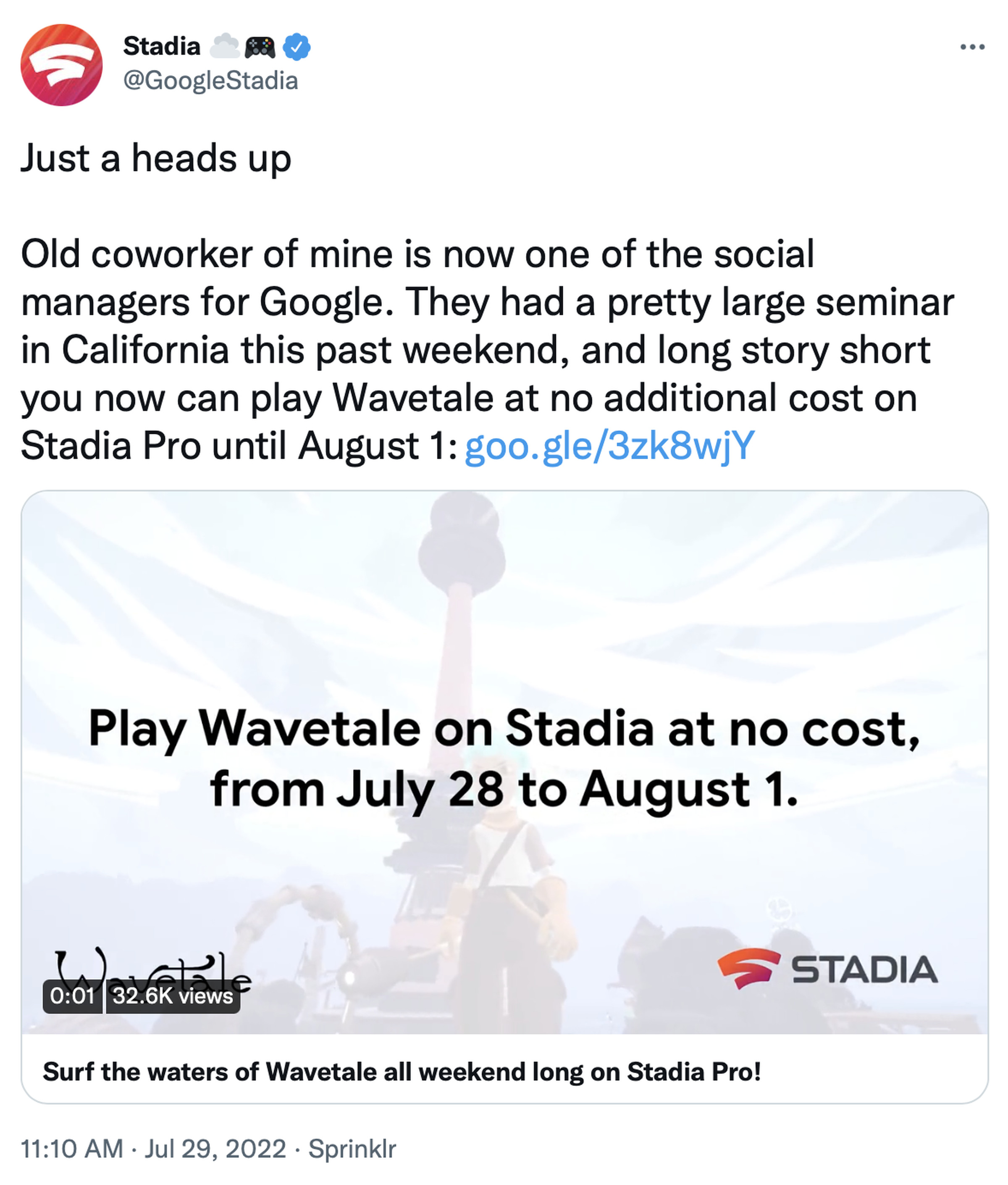 Image of a tweet from Google Stadia, reading: Just a heads up Old coworker of mine is now one of the social managers for Google. They had a pretty large seminar in California this past weekend, and long story short you now can play Wavetale at no additional cost on Stadia Pro until August 1
