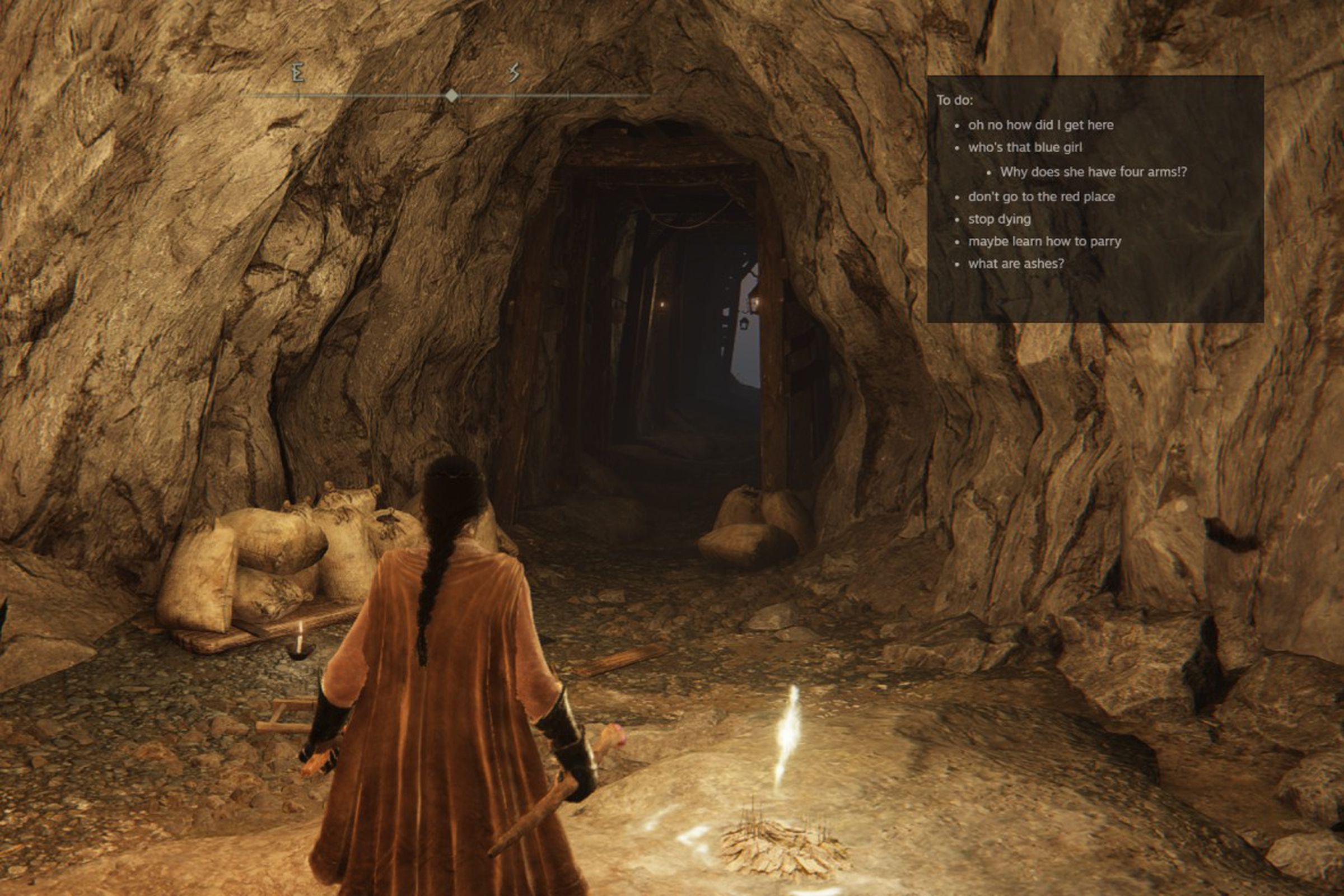 a scene from the game elden ring, near a lit firepit, in a cavern, with a floating transparent notepad contents joking about who a blue girl is and why she has four arms and maybe stop dying and learn to parry. 