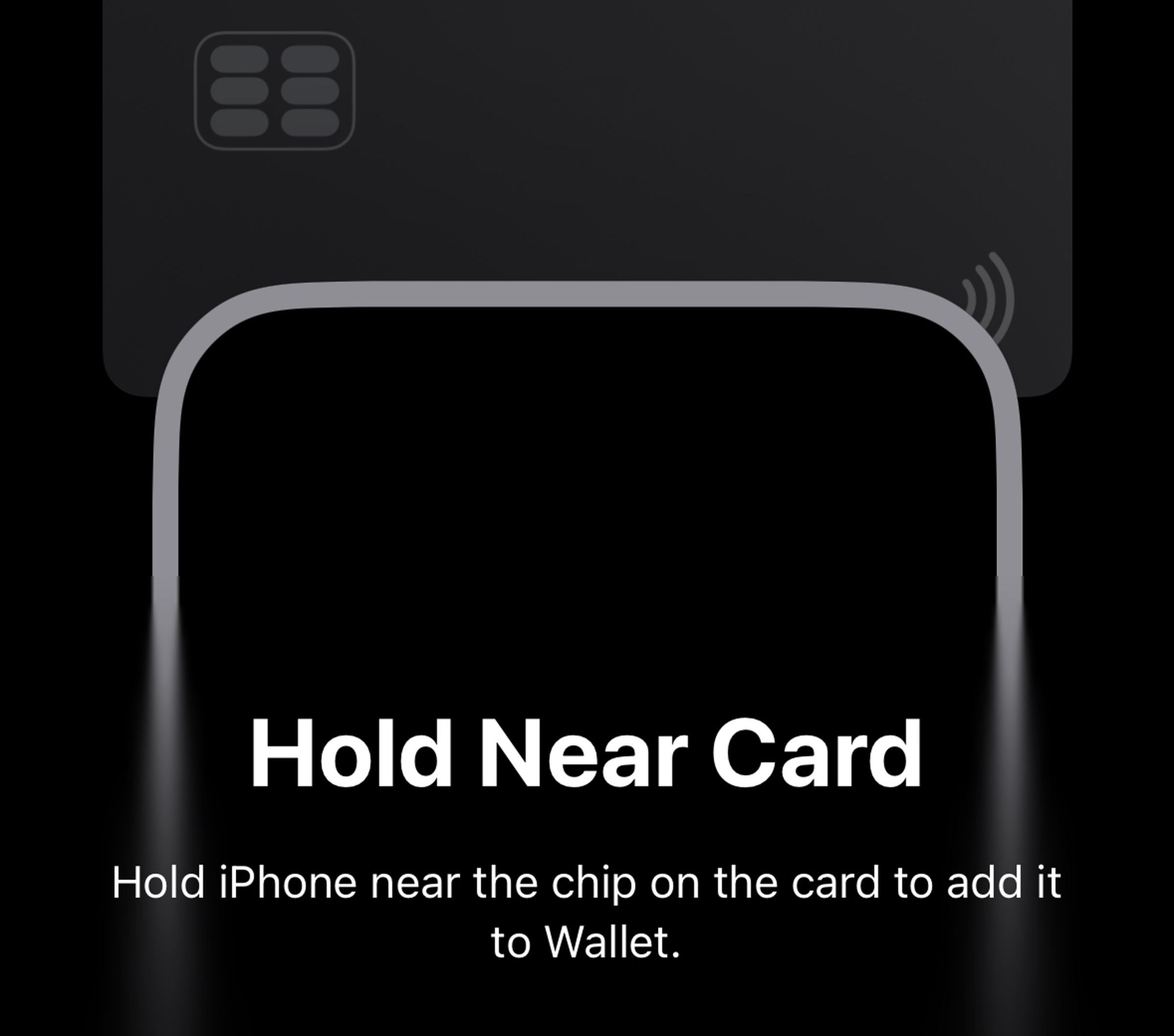 A graphic showing the silhouette of an iPhone and the instructions, “Hold Near Card.”