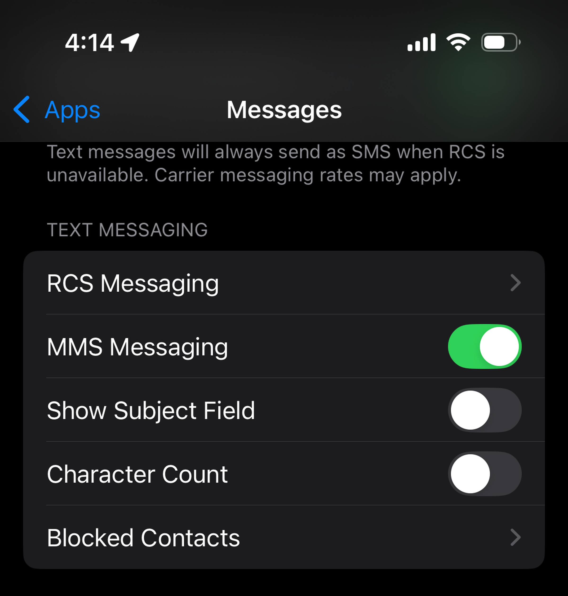 A screenshot of the iPhone settings menu for RCS.