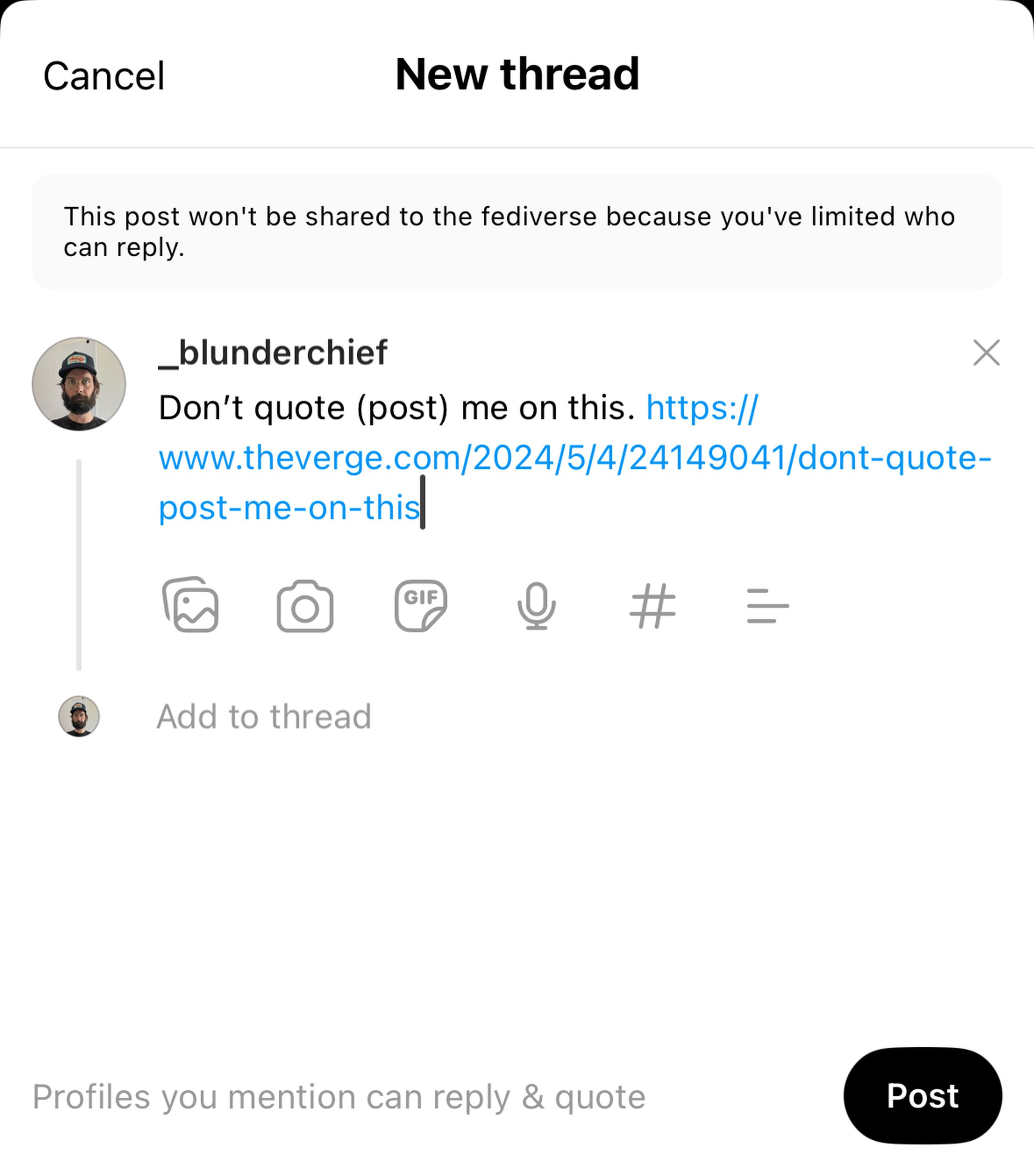 A screenshot of the new feature, with replies and quote posts limited only to those mentioned. At the top, it says the post won’t be shared with the fediverse because limits have been applied.
