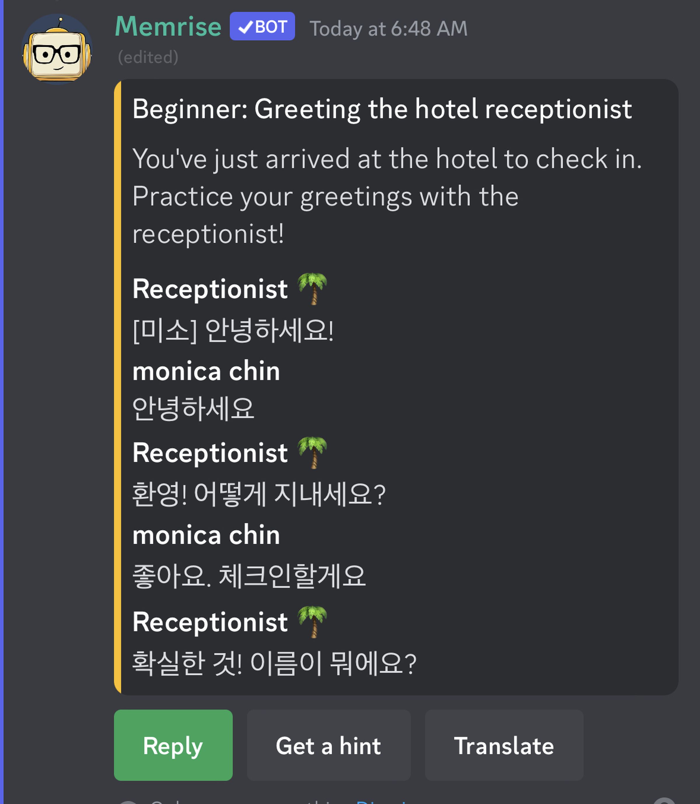 A screenshot of the Memrise bot facilitating a Korean conversation titled Beginner: Greeting the Hotel Receptionist.