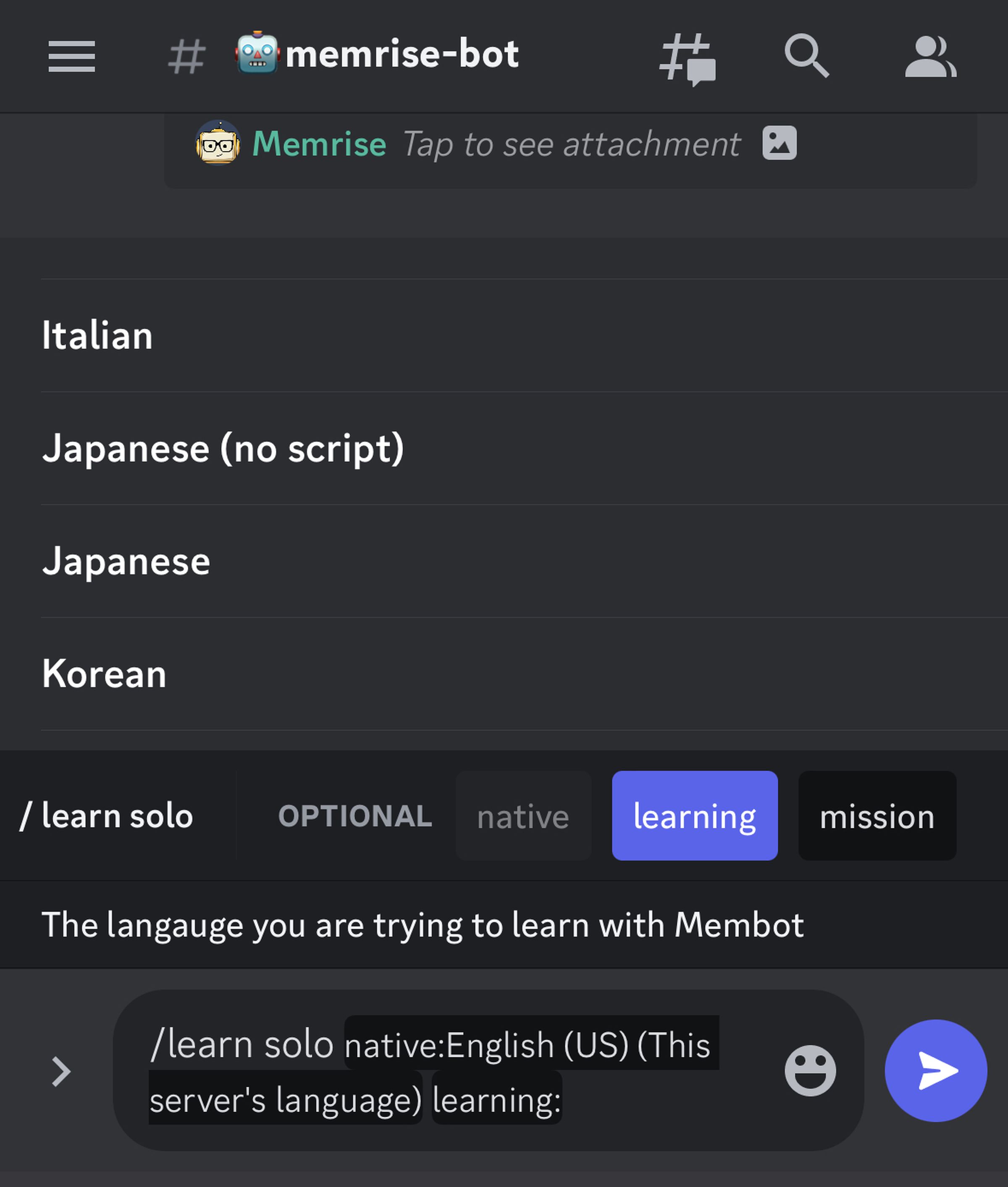 A screenshot of a Discord server where a user has typed the /learn solo command and selected their native language as English US.