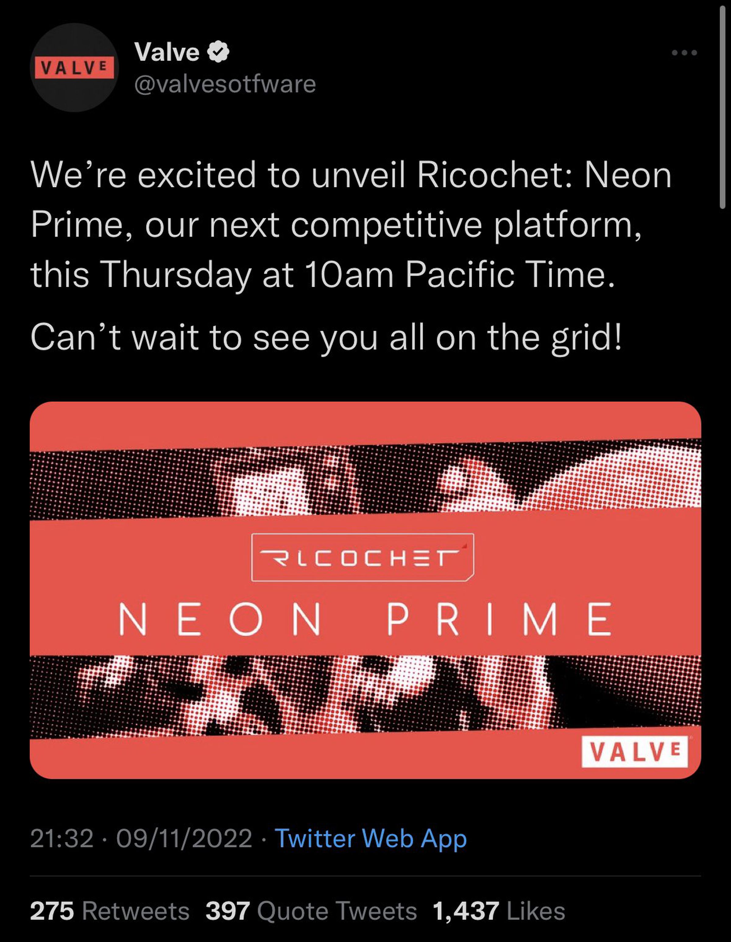 Neon Prime is a phrase Valve trademarked, but it's probably not for a return of its disc-throwing game Ricochet.