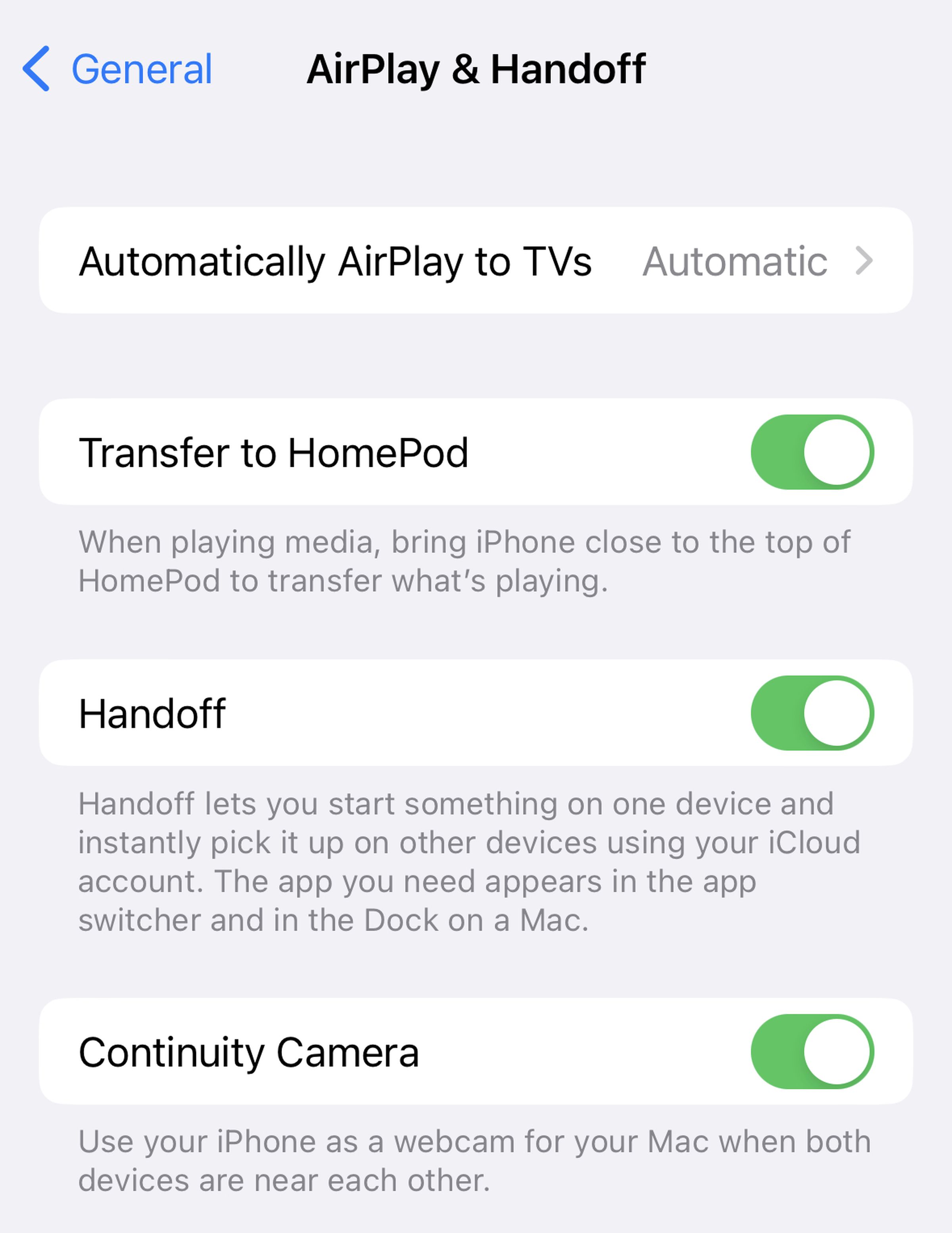 A screenshot of the Settings menu in iOS 16 with Continuity Camera toggled on.