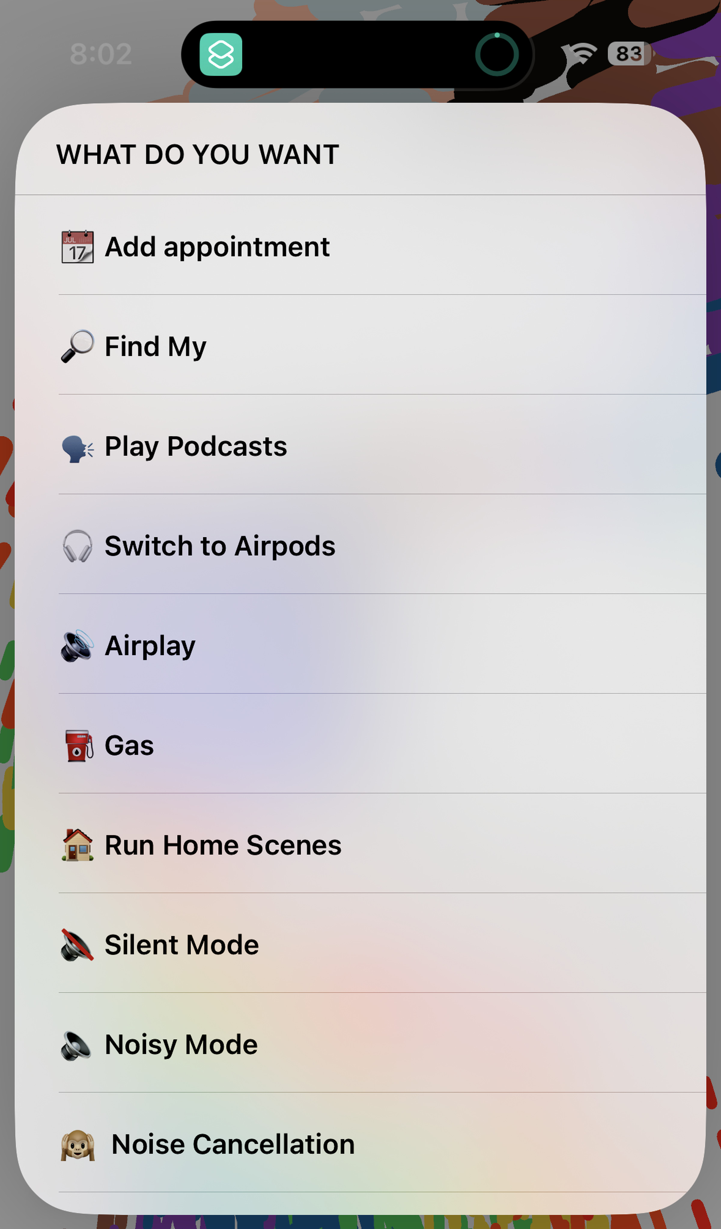 A screenshot showing all of the Action Button menu items I have set up.